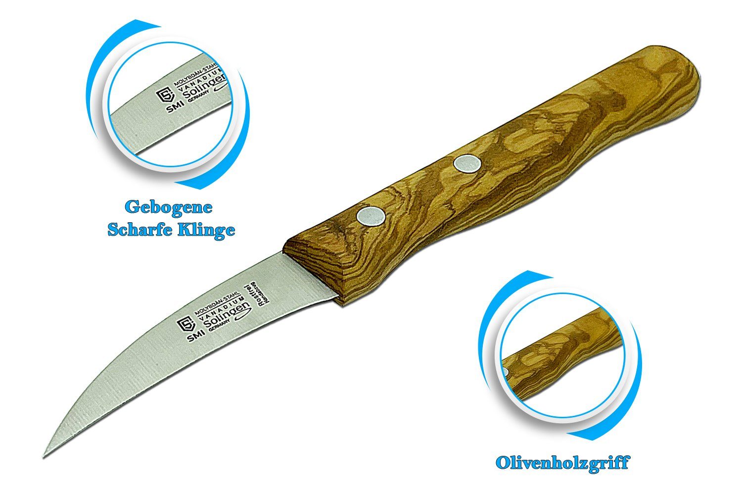 SMI Tomatenmesser 2-tlg Solingen Küchenmesser Schälmesser Tomatenmesser Obstmesser Holz, Wellenschliff und gebogen