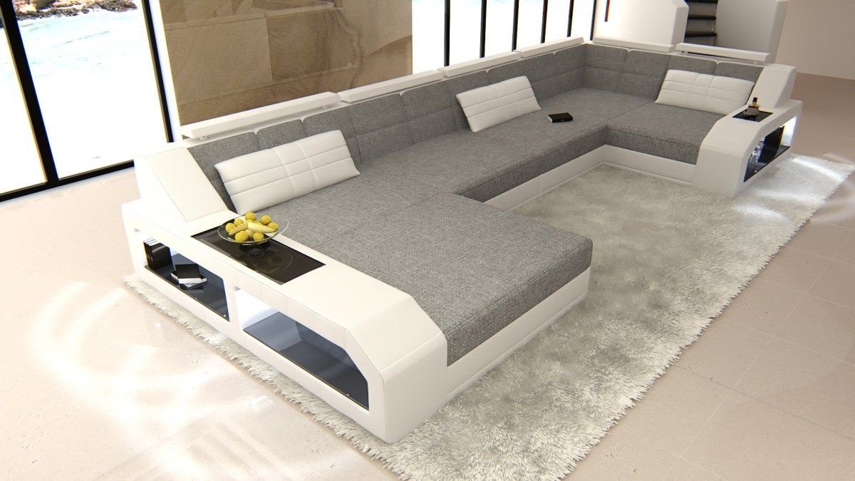 Sofa Dreams Wohnlandschaft Arezzo H - U Form Stoffsofa, mit LED, wahlweise mit Bettfunktion als Schlafsofa, Designersofa H5 Grau-Weiss