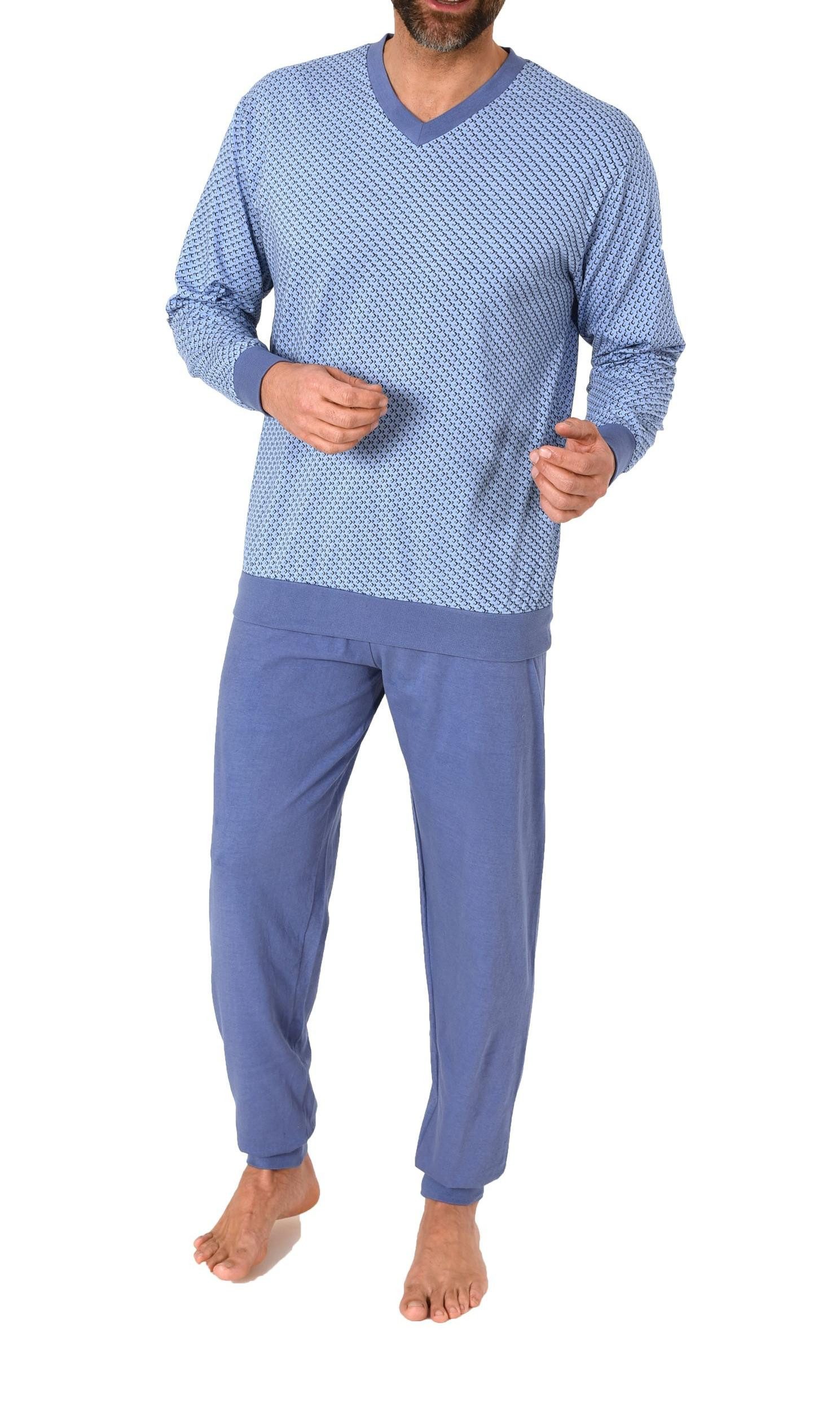 Pyjama Herren Schlafanzug lang mit Bündchen in eleganter Minimalprint Optik