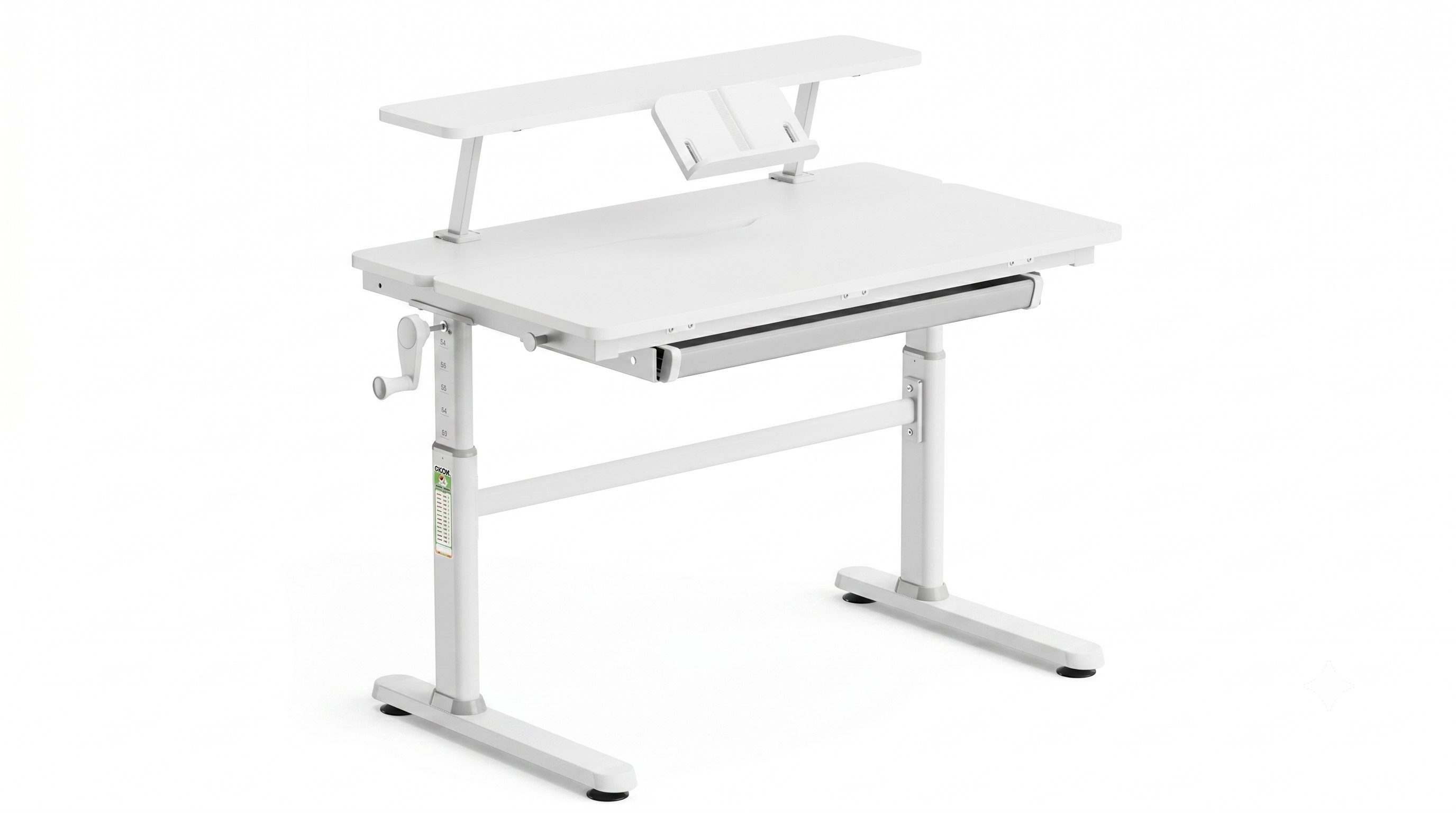 HOKO Kinderschreibtisch höhenverstellbar für Kinder ab 6 Jahren (Schreibtisch-Set, 100x60 cm Tisch, 90x20 cm Aufsatz, Buchstütze, Haken und 1 Schublade), neigbare Tischplatte, Aufsatz mit Klemmmontage, Weiß, JANA & JONA