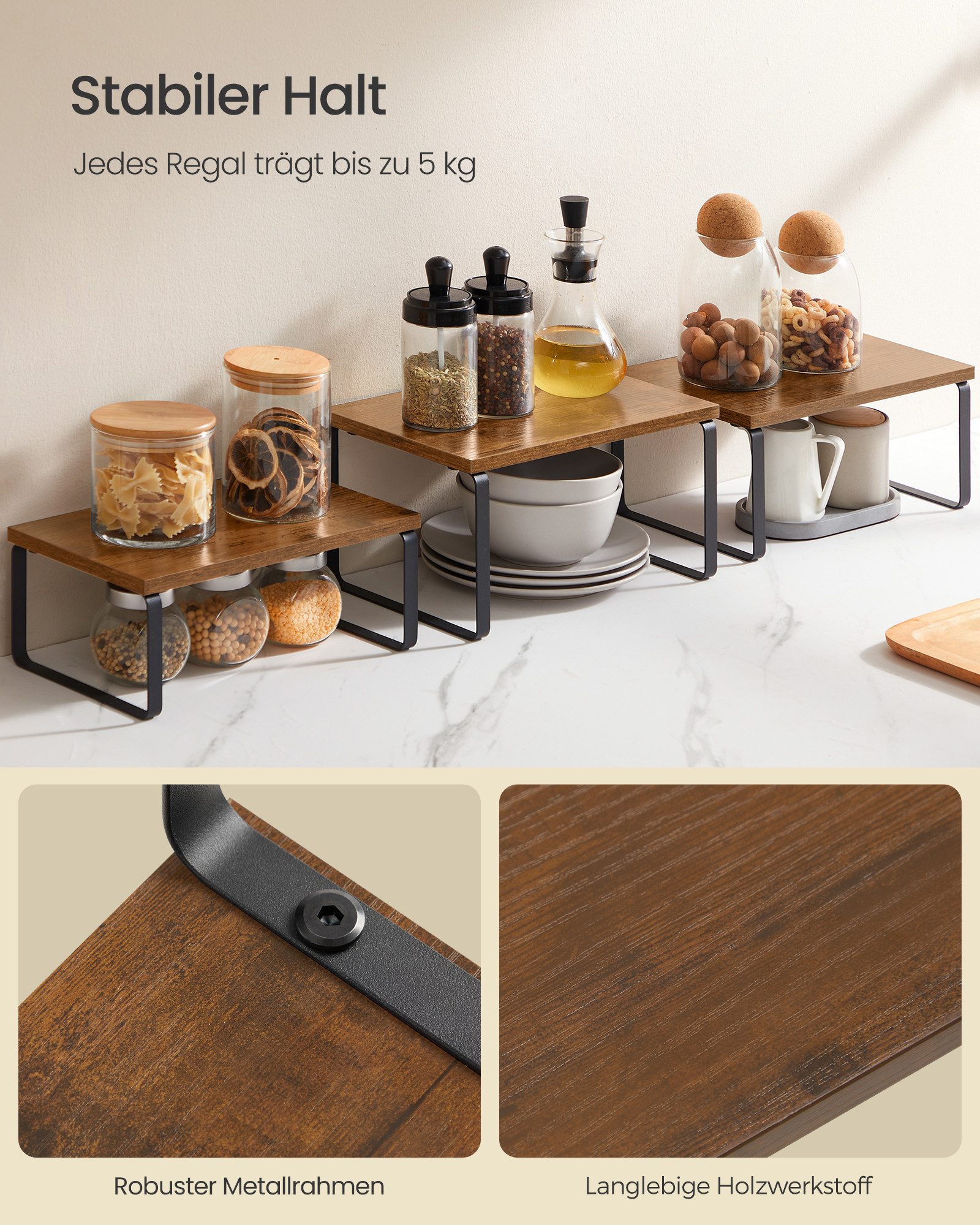 SONGMICS Gewürzregal Küchen-Organizer, Küchenregal, Schrank-Organizer Küche, kleines Regal, 3-tlg., erweiterbar, stapelbar, Metall und Holzwerkstoff – Bild 5 von 5