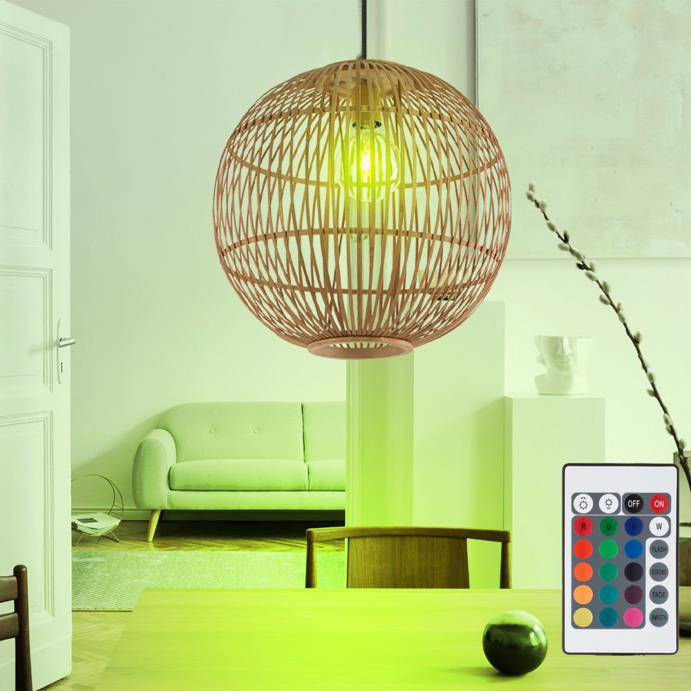 etc-shop LED Pendelleuchte, Leuchtmittel inklusive, Warmweiß, Farbwechsel, Kugel Decken Hänge Bambus-Geflecht Leuchte Fernbedienung Pendel Lampe