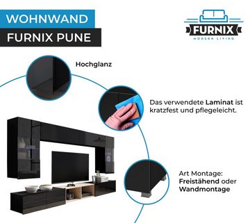 Furnix Wohnwand PUNE24 Möbelwand 7 teilig Mediawand 300 cm Schwarz Glanz/Eiche, Segment stehend oder hängend- Metallstellfüße liegen bei, ohne LED