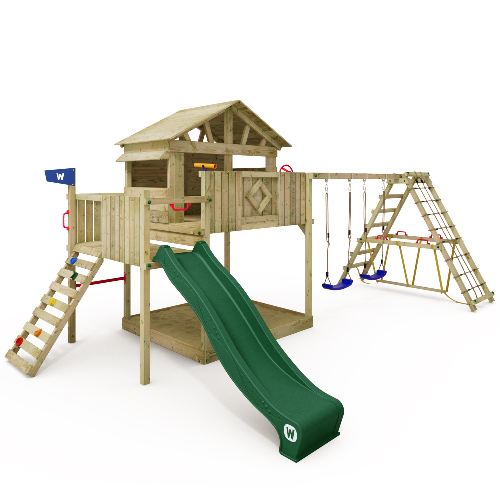 Wickey Klettergerüst Smart Fjord – Spielturm mit Spielhaus, Kletteranbau & Rutsche, (Holz-Spielhaus mit Fenster für fantasievolles Spielen, Outdoor-Spielplatz mit Rutsche & Kletteranbau), Wetterfestes & langlebiges Holz – mit 10 Jahren Garantie*
