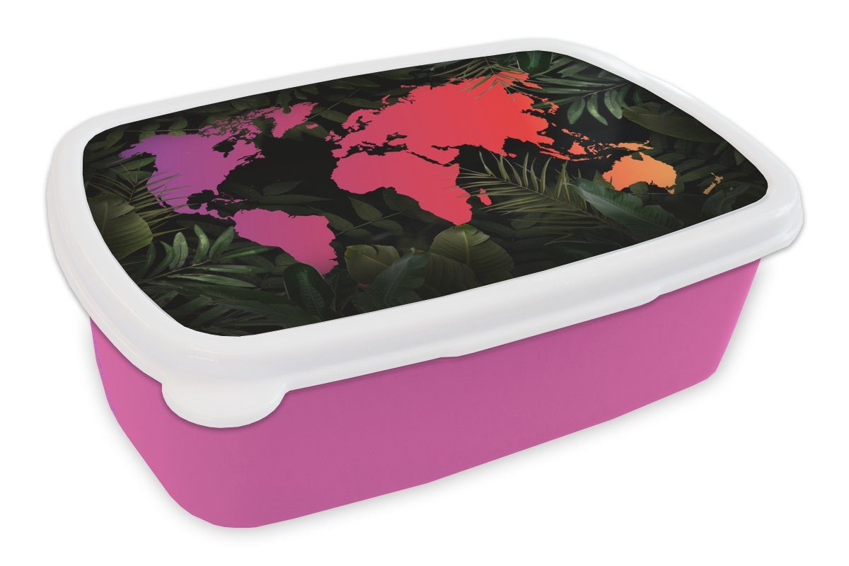 MuchoWow Lunchbox Weltkarte - Farben - Pflanzen, Kunststoff, (2-tlg), Brotbox für Erwachsene, Brotdose Kinder, Snackbox, Mädchen, Kunststoff rosa