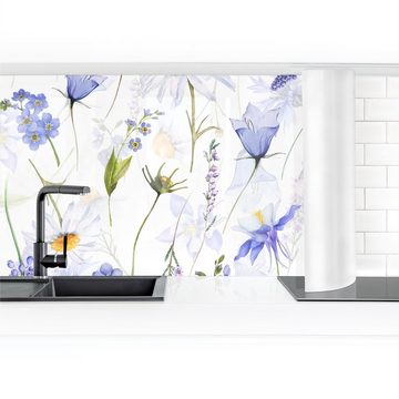 Bilderdepot24 Küchenrückwand blau dekor Muster Wandpaneel Küche Glockenblumenwiese, (1-tlg., Nischenrückwand - für Fliesenspiegel ohne Bohren - matt), Spritzschutz Rückwand Küche Herd - Folie selbstklebend versch. Größen