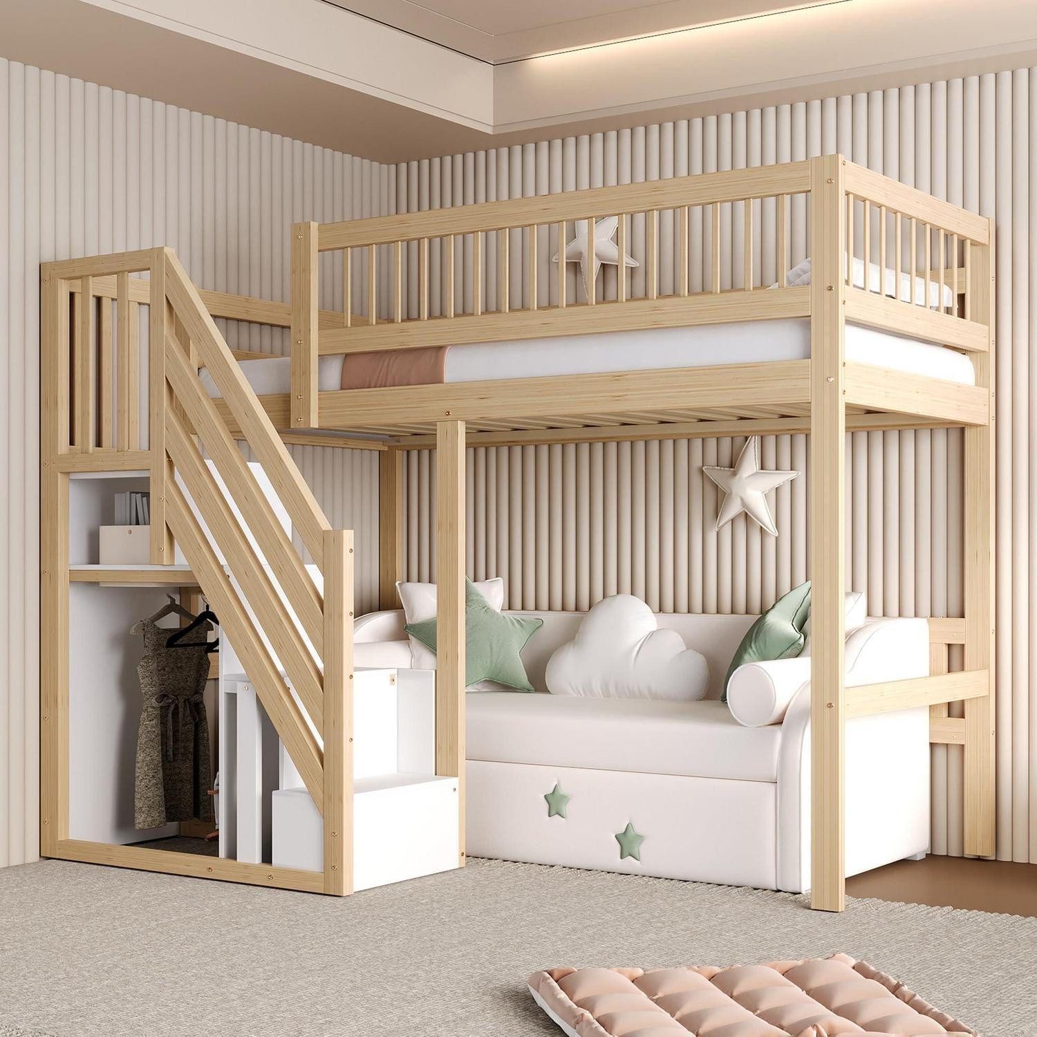 LuxusKollektion Hochbett Hochbett Kiefer Massiv mit Stauraumtreppe 90x200cm (1-St)