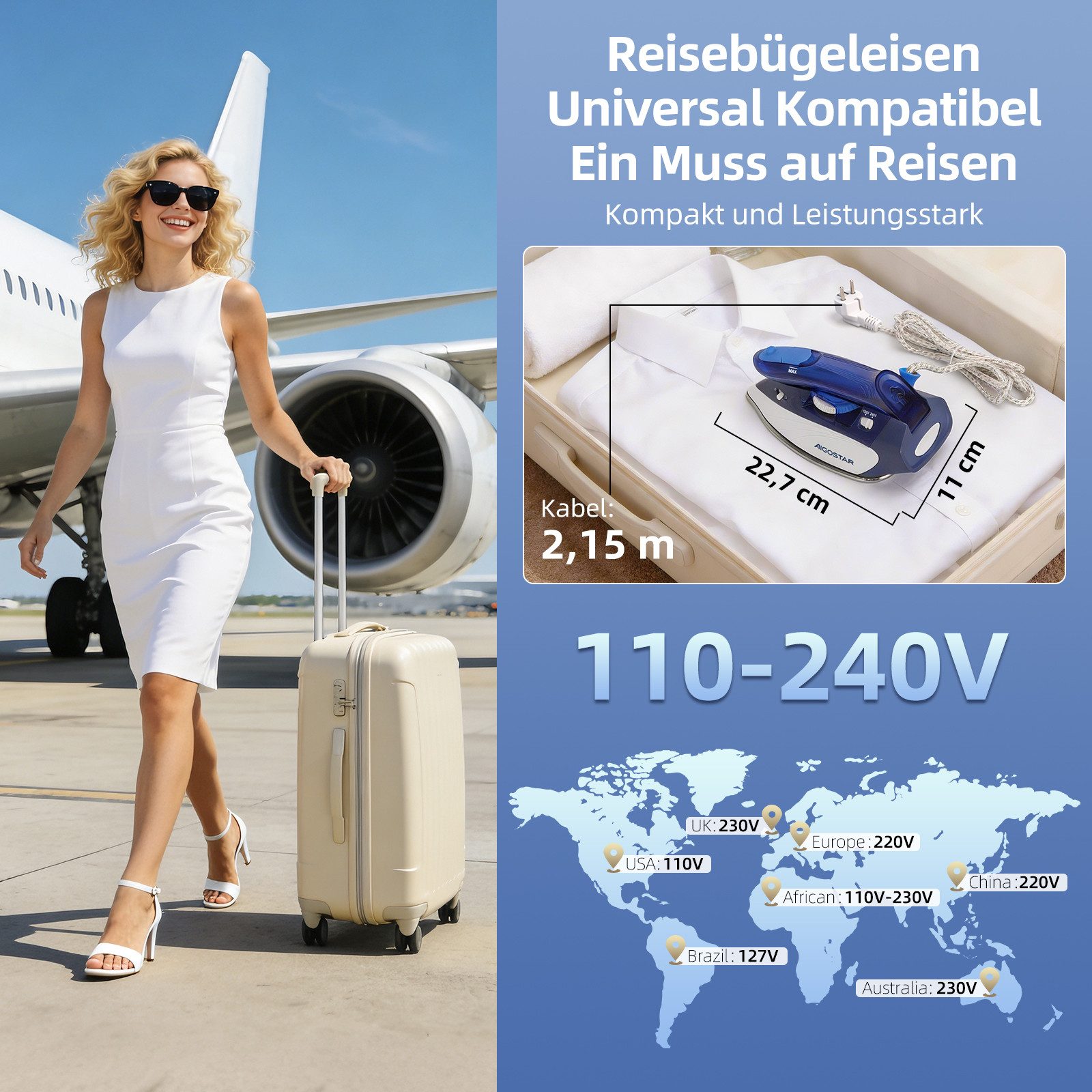 Aigostar Reise-Dampfbügeleisen Reisebügeleisen Mini, Doppelspannung 110-240V, Tragbar, Faltbarer, 1100,00 W, Reisedampfbügeleisen- und Trockenbügeln mit Wassertank 80ml