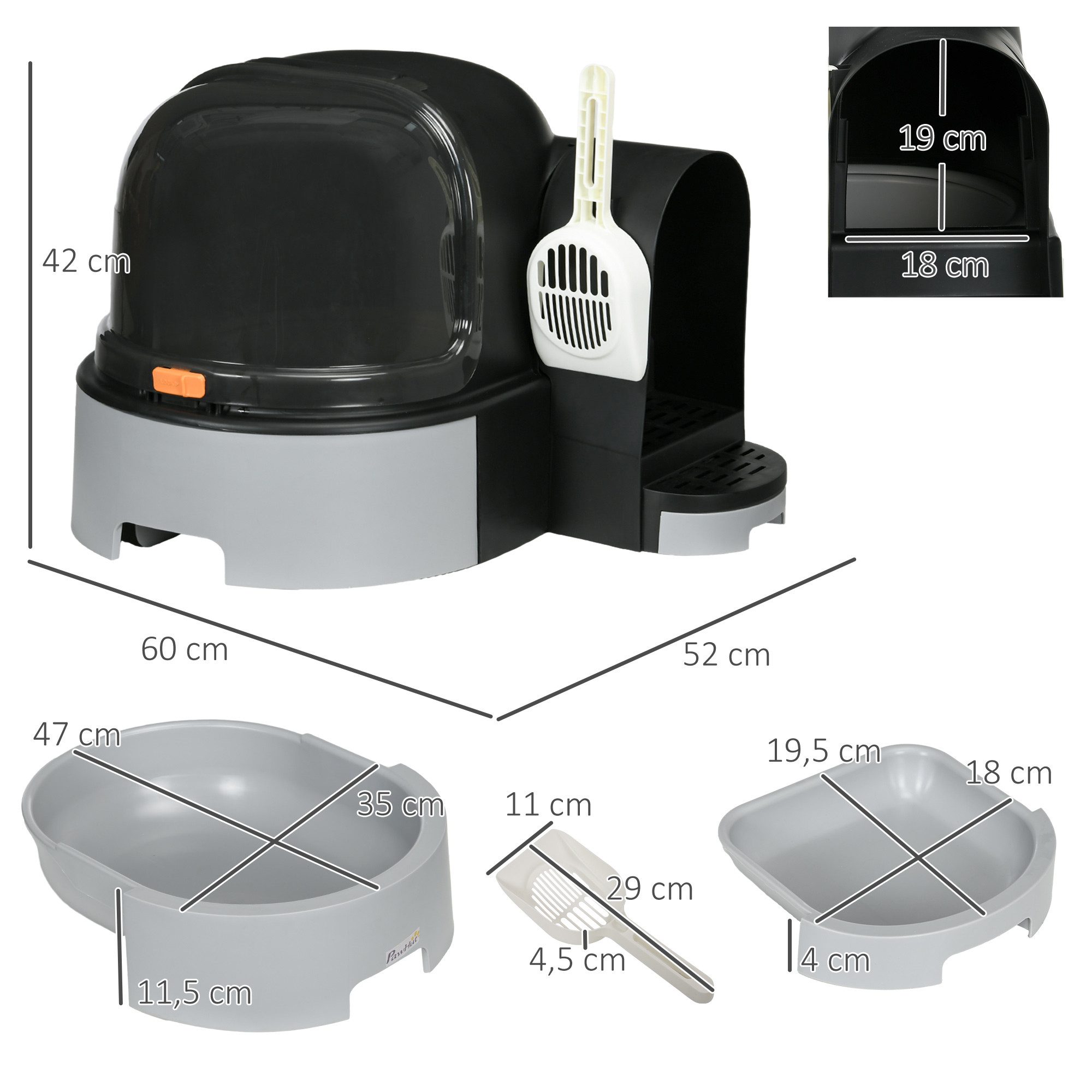 PawHut Katzentoilette Katzenhaus, Katzenklo inklusive Schaufel, Herausziehbarer Bodenwannen, für Katzen bis 4 kg, Grau, 52 x 60 x 42 cm