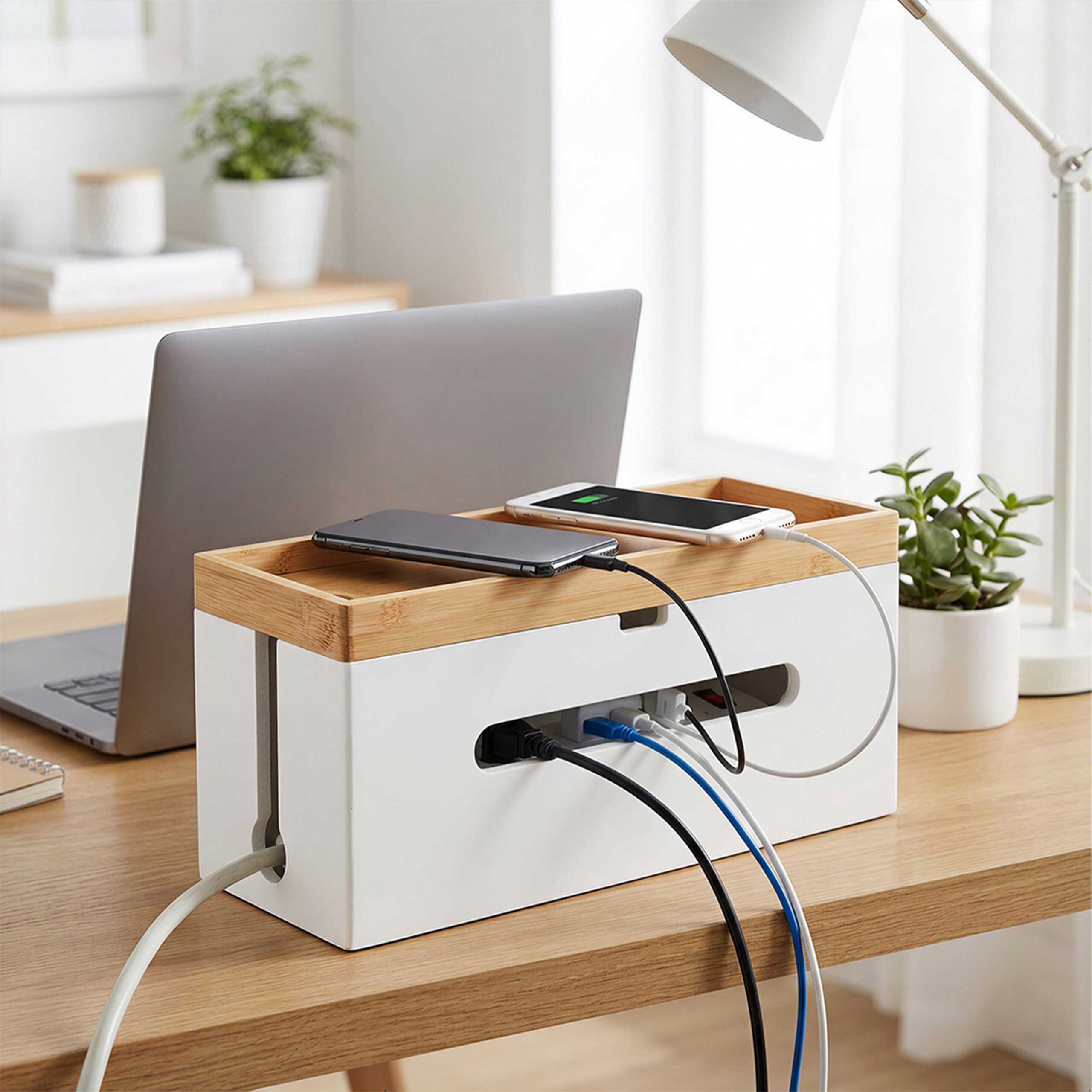 relaxdays Kabelbox aus Bambus, Natur-Weiß