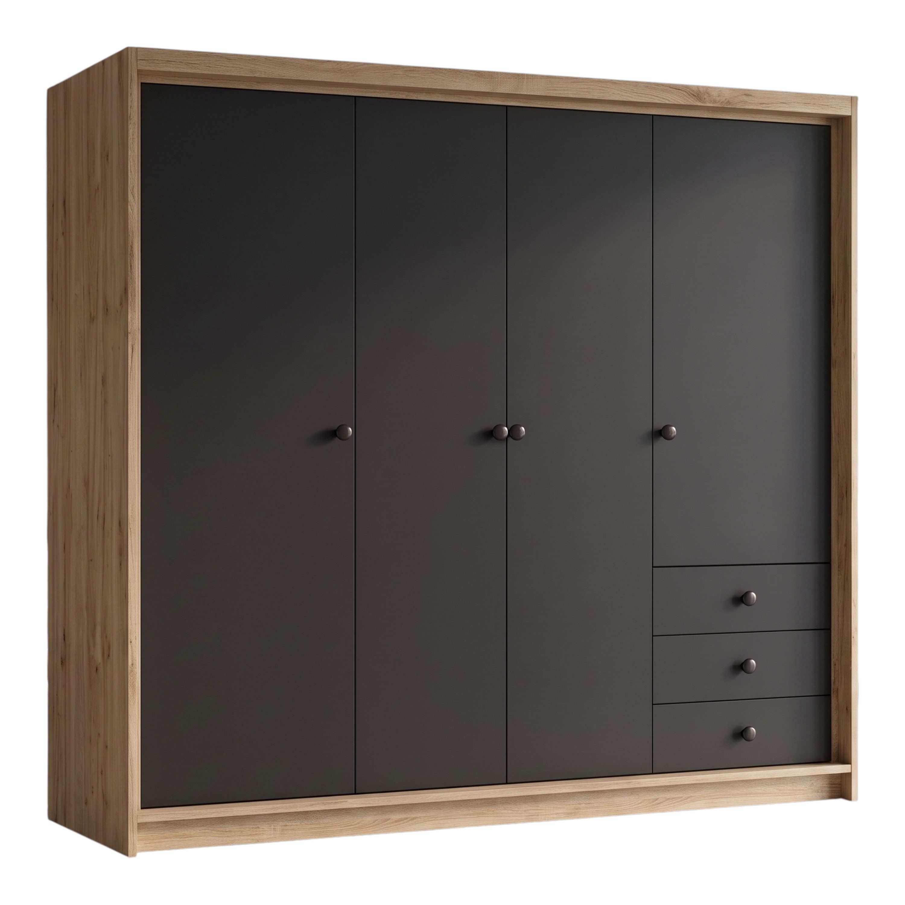 A&J MöbelLand GmbH Drehtürenschrank FALKEN– viertüriger Kleiderschrank 200 cm (Geräumiger viertüriger Kleiderschrank mit Schubladen. Geräumiger Schrank mit einer Breite von 200 cm und Schubladen, ideal zur Aufbewahrung von Kleidung und Accessoires. Viel S