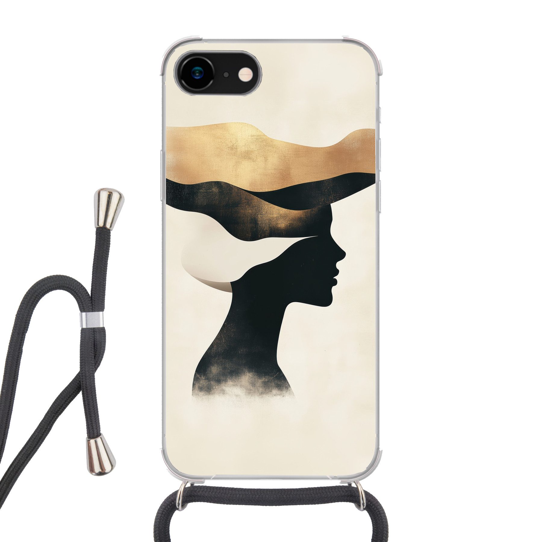 MuchoWow Handyhülle für Apple iPhone 7 Frau - Wellen - Schwarz, Tragbare Handyhüllen mit Kette zum umhängen, Handykette Handyband