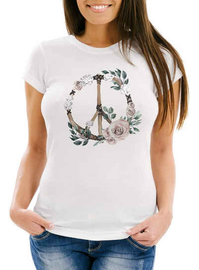 Neverless Print-Shirt Damen T-Shirt Peace-Symbol Blumen Flowerpower Hippie Boho Bohemian Slim Fit Neverless® mit Print