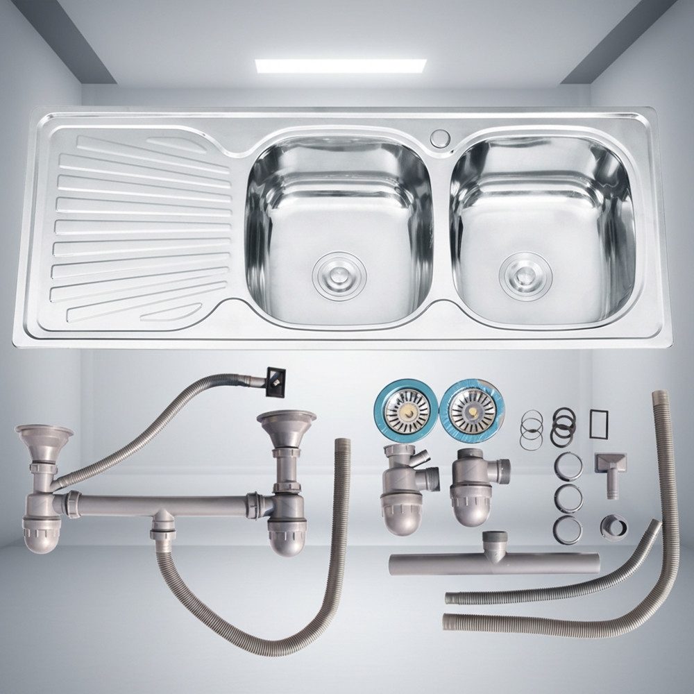 Feel2Home Edelstahlspüle 120cm Doppel Spülbecken Ablage Einbauspüle Edelstahlspüle Spülbecken, Eckig, 120/18 cm, Anti-Kondensbeschichtung, (Stück, 1 St), Anti-Kondensbeschichtung