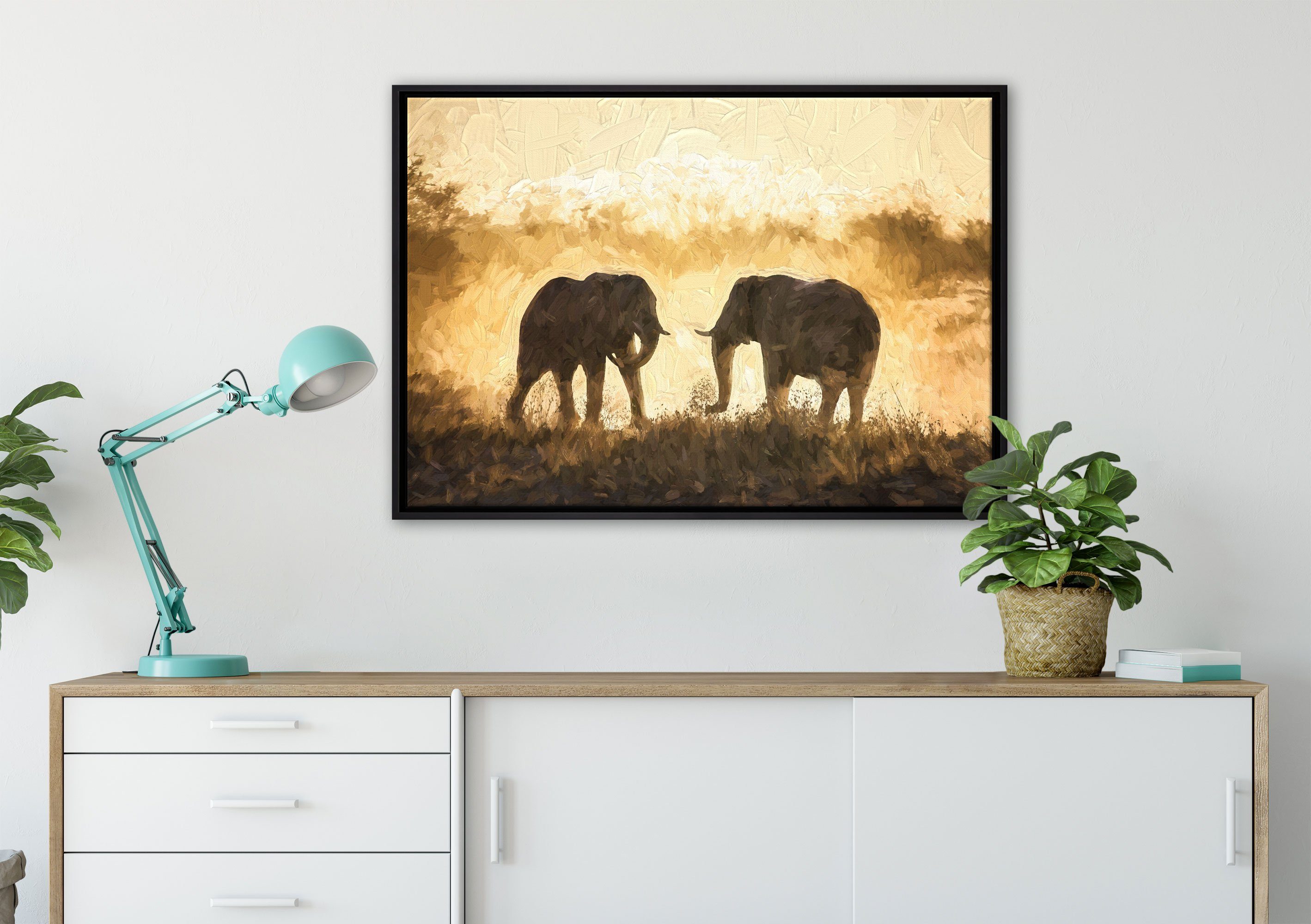 Pixxprint Leinwandbild kämpfende Elefanten Kunst, Zackenaufhänger inkl. einem Wanddekoration in fertig (1 St), gefasst, bespannt, Leinwandbild Schattenfugen-Bilderrahmen