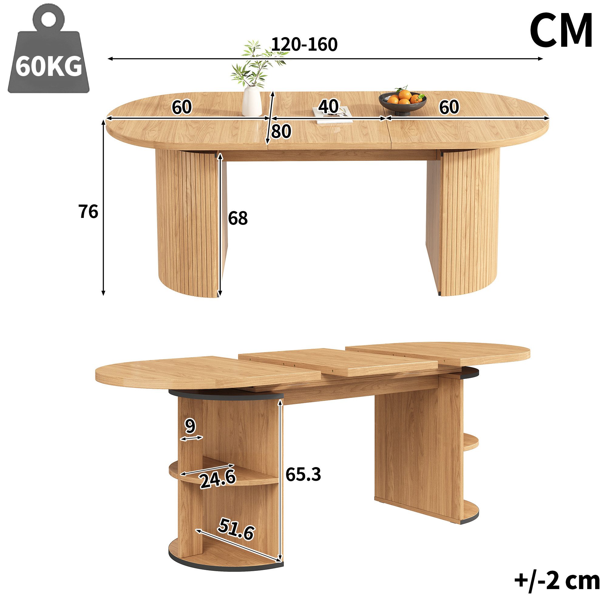 KLAM HOME Esstisch Ausziehbarer Esstisch mit verstecktem Staufach in Naturbraun (Flexibler Tisch 120-160cm aus MDF für Küche, Wohn- & Arbeitszimmer), Stabiler Ausziehtisch mit verdickter Platte & werkzeugloser Montage
