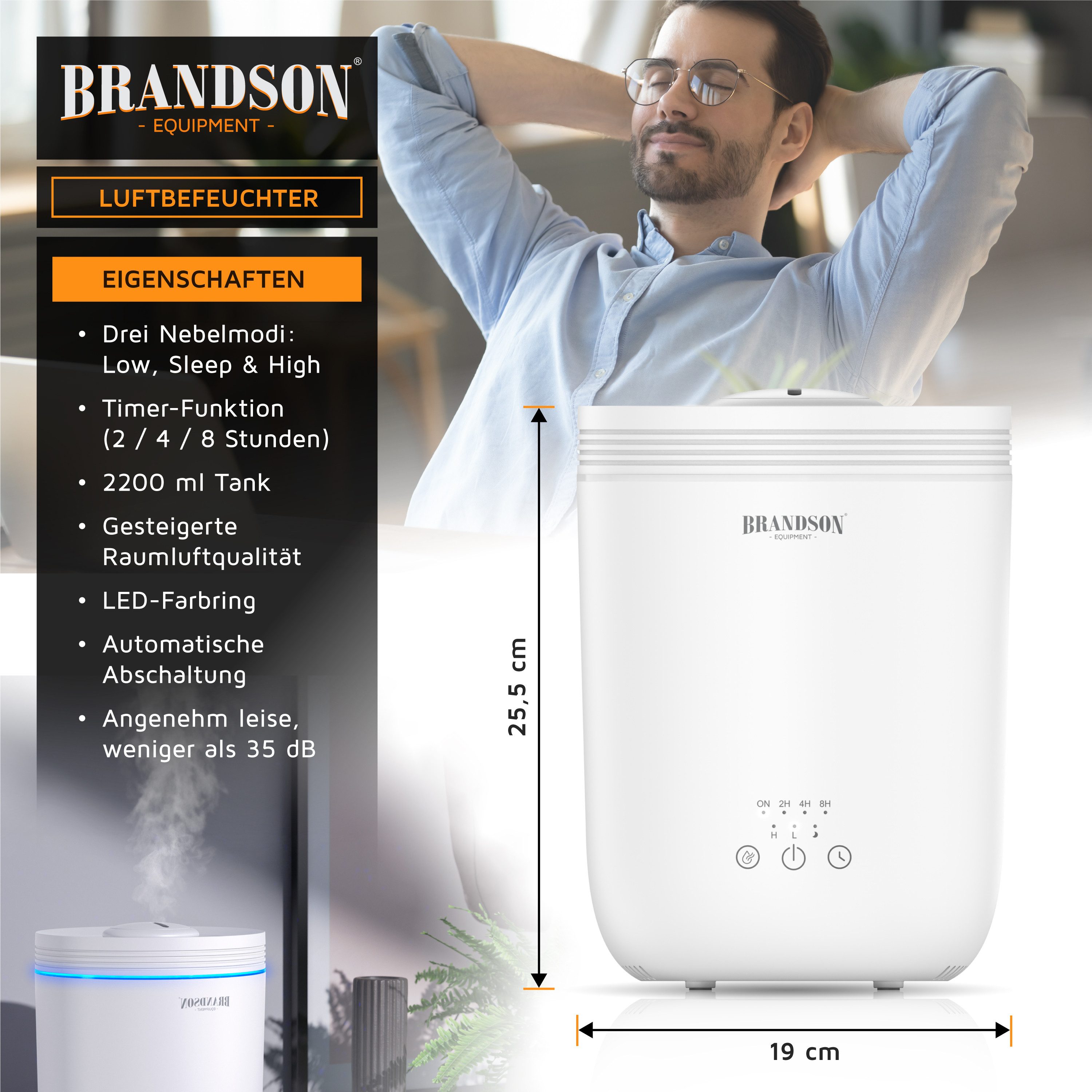 Brandson Luftbefeuchter Aroma Diffuser 2,2 L mit RGB Stimmungslicht, 3 Nebelstufen, sehr leise, 2.2 l Wassertank, Timer, Fernbedienung, für Wohnzimmer, Kinderzimmer und Schlafzimmer