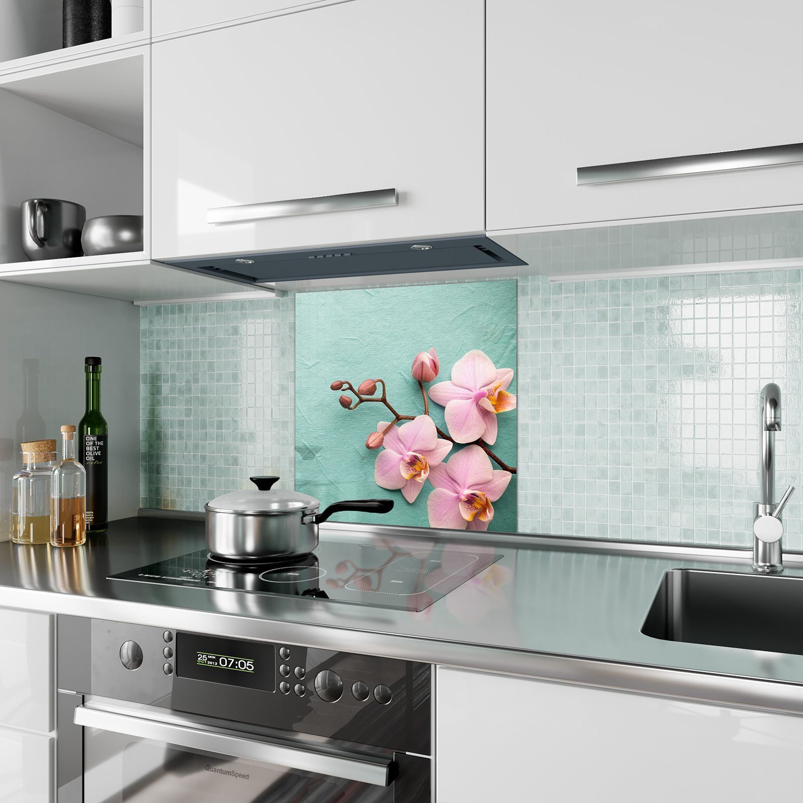 mit Spritzschutz auf Küchenrückwand Küchenrückwand Glas Steinplatte Motiv Primedeco Orchideen