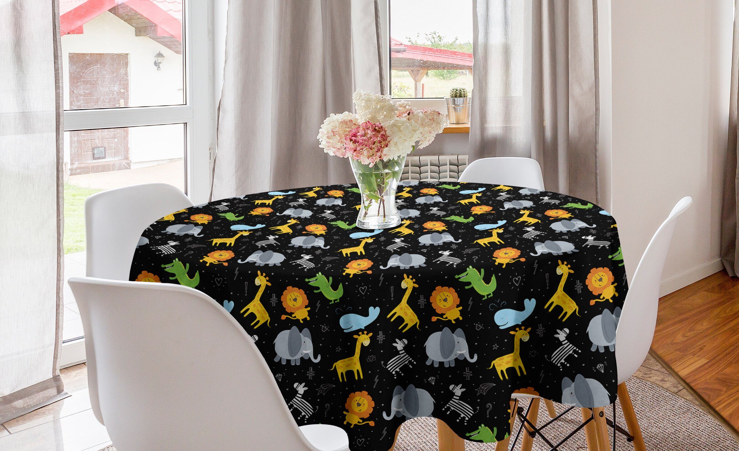 Abakuhaus Tischdecke Kreis Tischdecke Abdeckung für Esszimmer Küche Dekoration, Tier Löwe Giraffe Wal Zebra