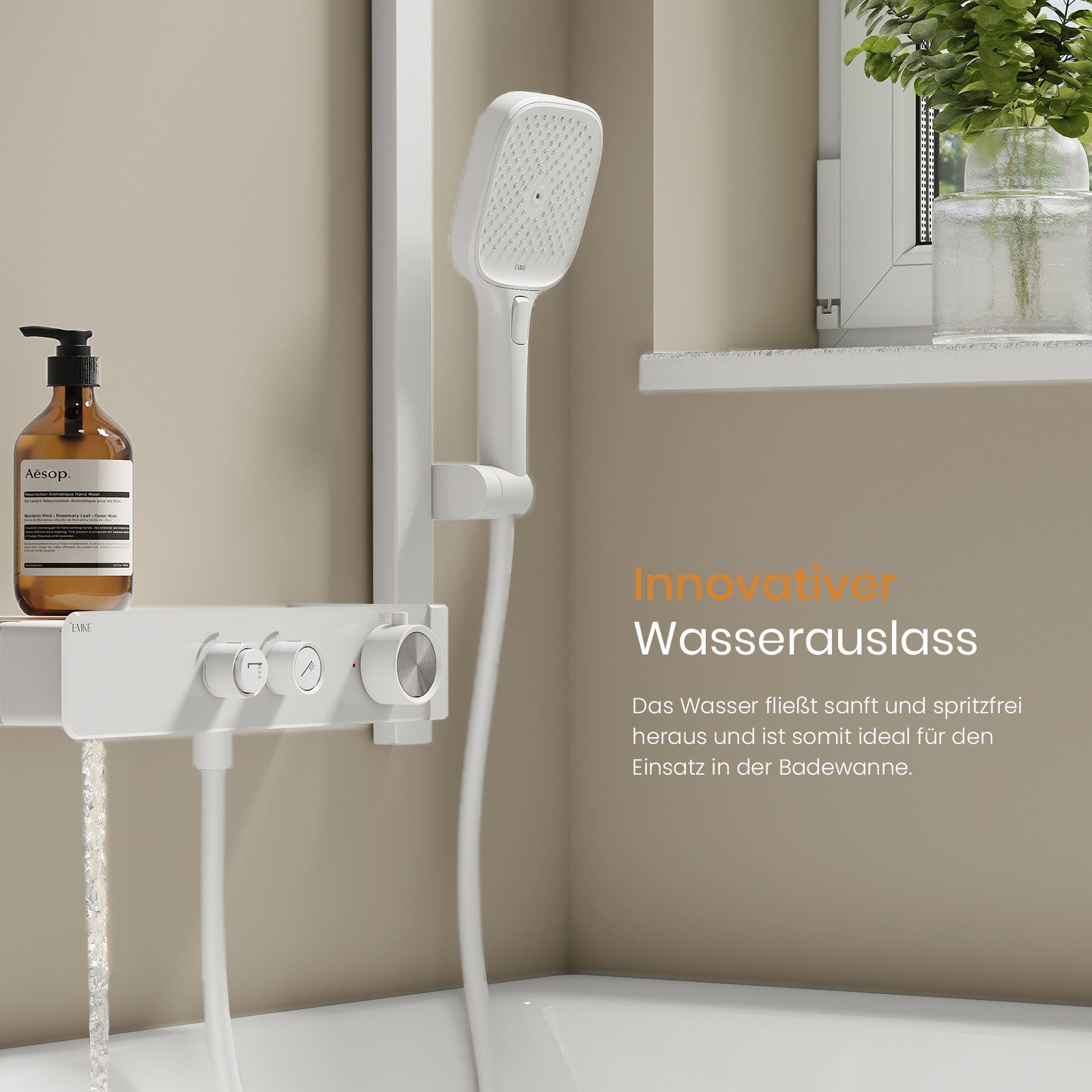 EMKE Duschsystem mit Thermostat – Handbrause mit integrierter Glasablage, Höhe 60 cm, 3 Strahlart(en), Brausegarnitur Duschsystem Duschsäule Duschset mit 150cm Schlauch