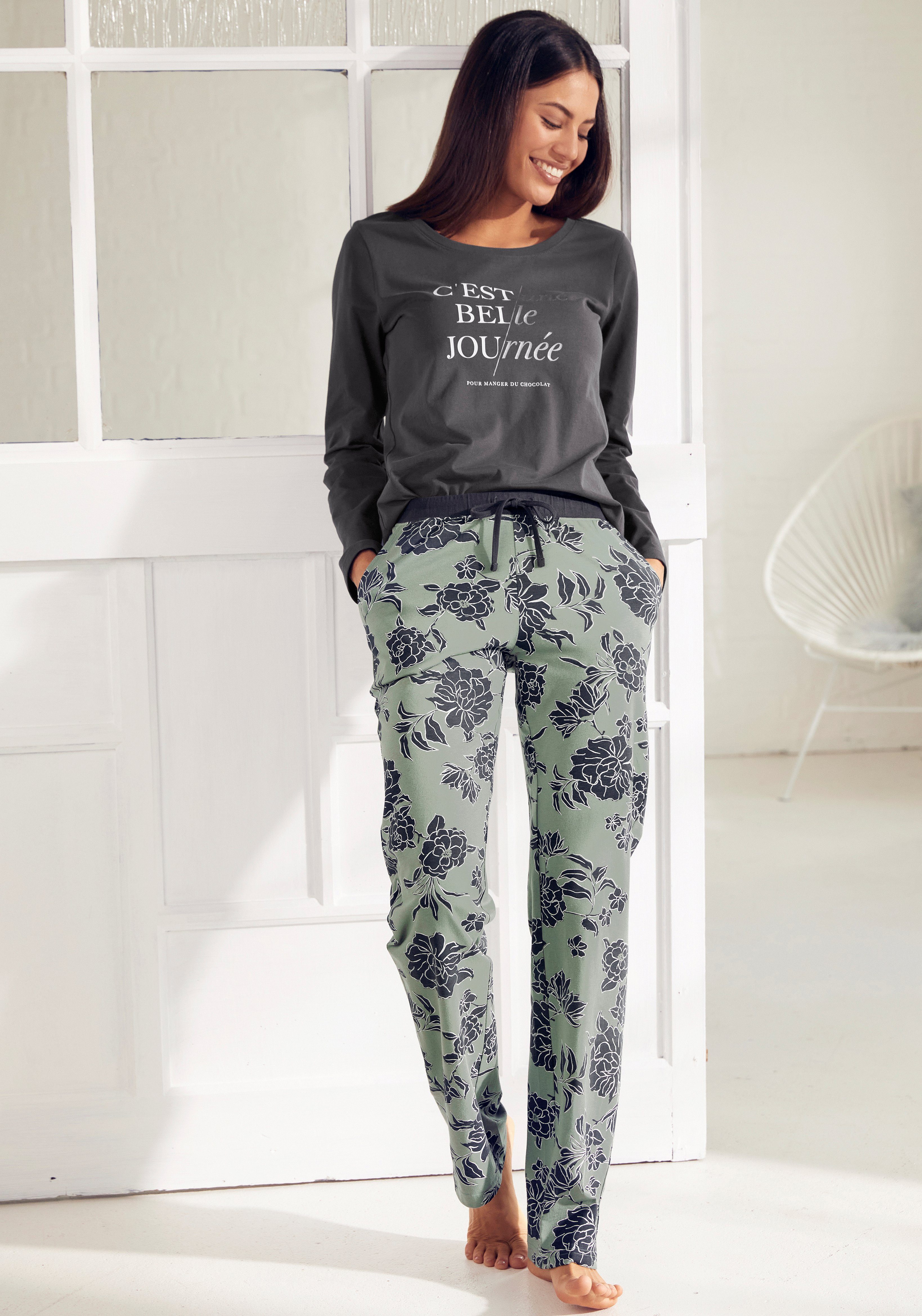 Vivance Dreams graphit-graugrün Pyjama Stück) tlg., Blumen-Druck (2 1 mit großem