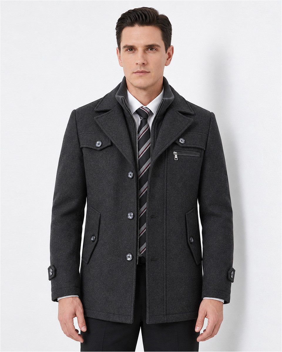 Allthemen Kurzmantel Herren Kurzmantel aus Wollmix Regulal Fit Business Warmer Wintermantel mit abnehmbarem Kragen, ideal für den täglichen Berufstag