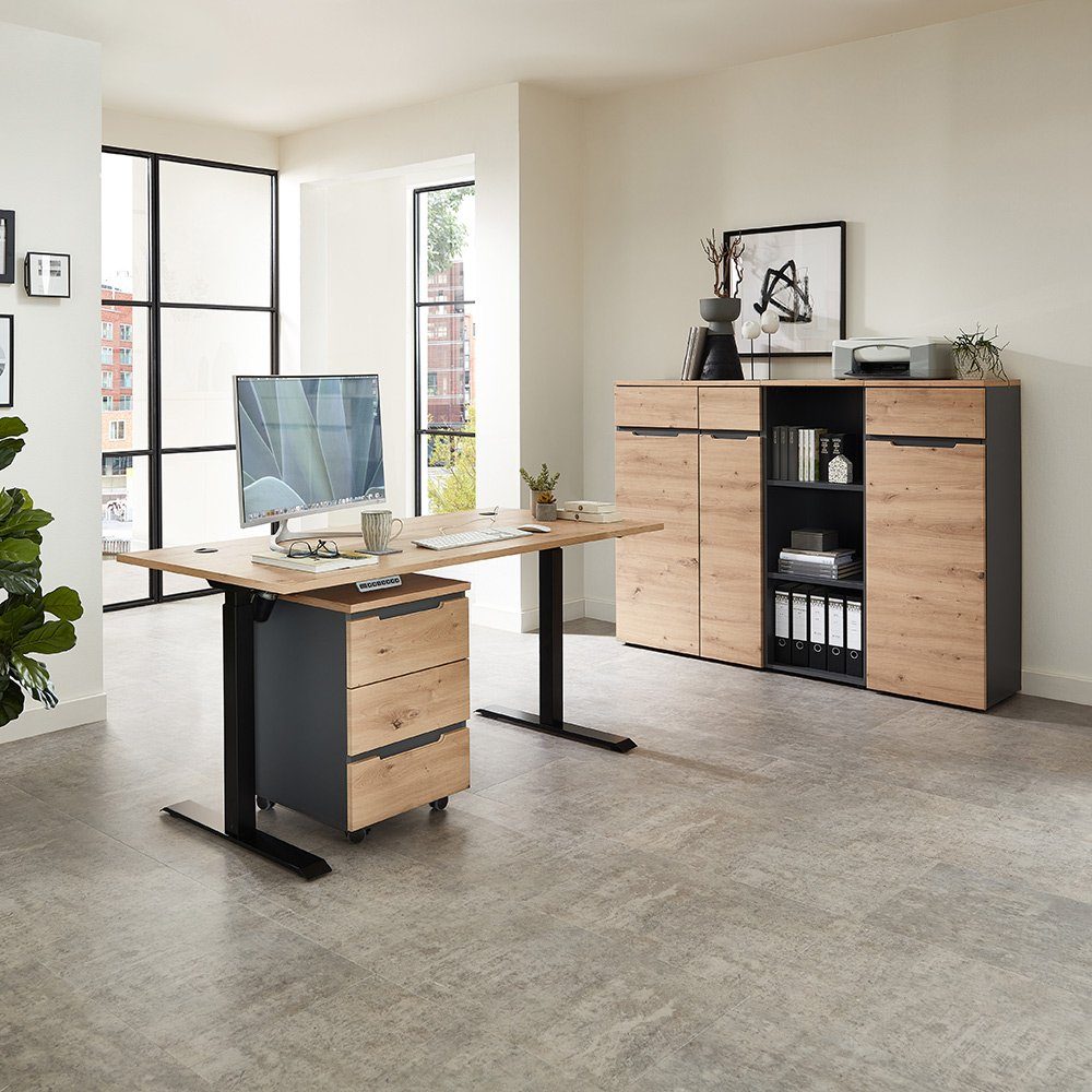 Lomadox Büromöbel-Set MANRESA-36, (Spar-Set, 5-tlg., 5-tlg), mit höhenverstellbarem Winkelschreibtisch, graphit mit Eiche