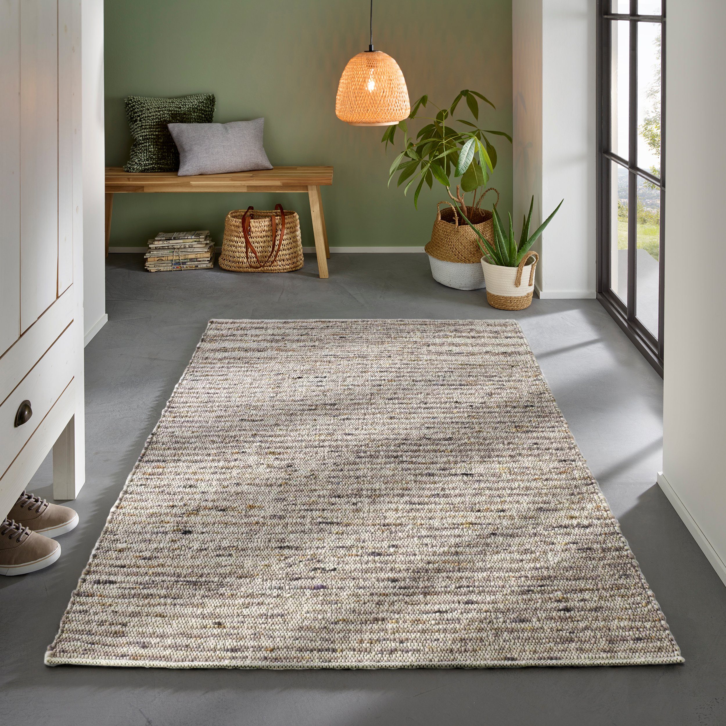 TaCa Home Wollteppich Gewalkter Handweb Woll-Teppich mit schwarzer Kette, rechteckig, Höhe: 9 mm, nachhaltige Schurwolle Wohnzimmer Schlafzimmer, Grau - 90 x 160 cm