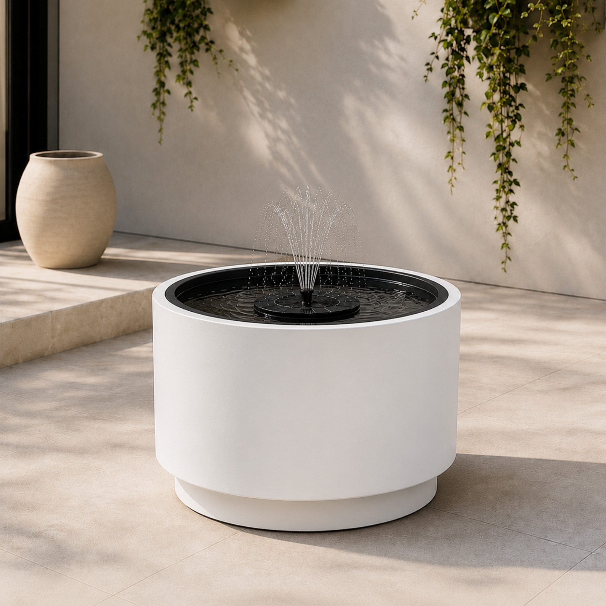 matches21 HOME & HOBBY Wasserspiel Solarbrunnen Outdoor Set mit großer Ø 47x30 cm Schale weiß, Solar-Fontäne Garten Balkon Zierbrunnen Wasserspiel