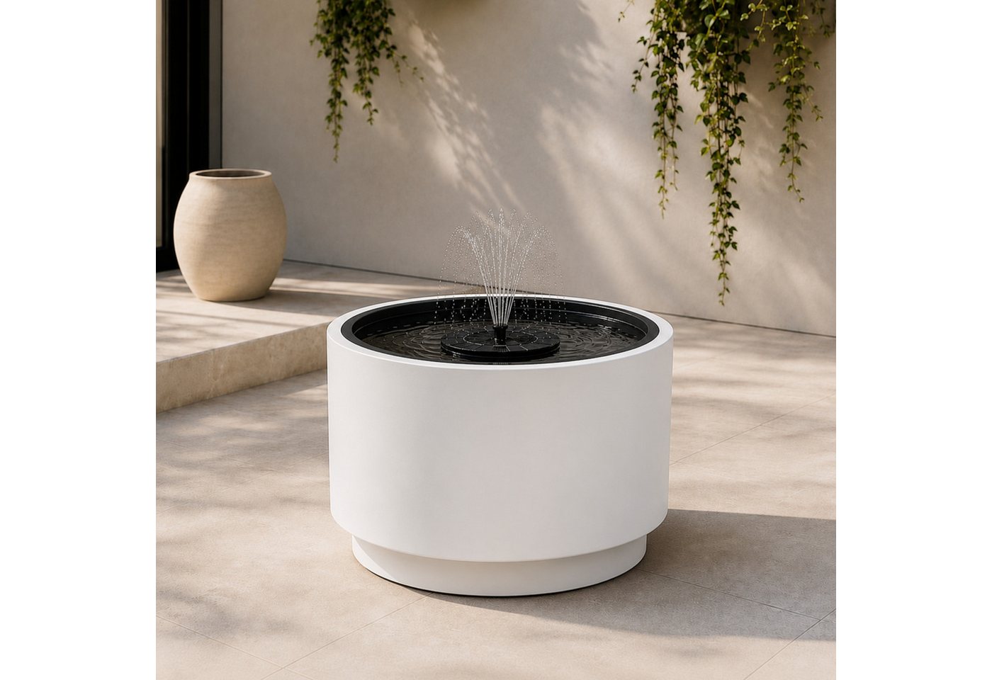 matches21 HOME & HOBBY Wasserspiel Solarbrunnen Outdoor Set mit großer Ø 47x30 cm Schale weiß, Solar-Fontäne Garten Balkon Zierbrunnen Wasserspiel