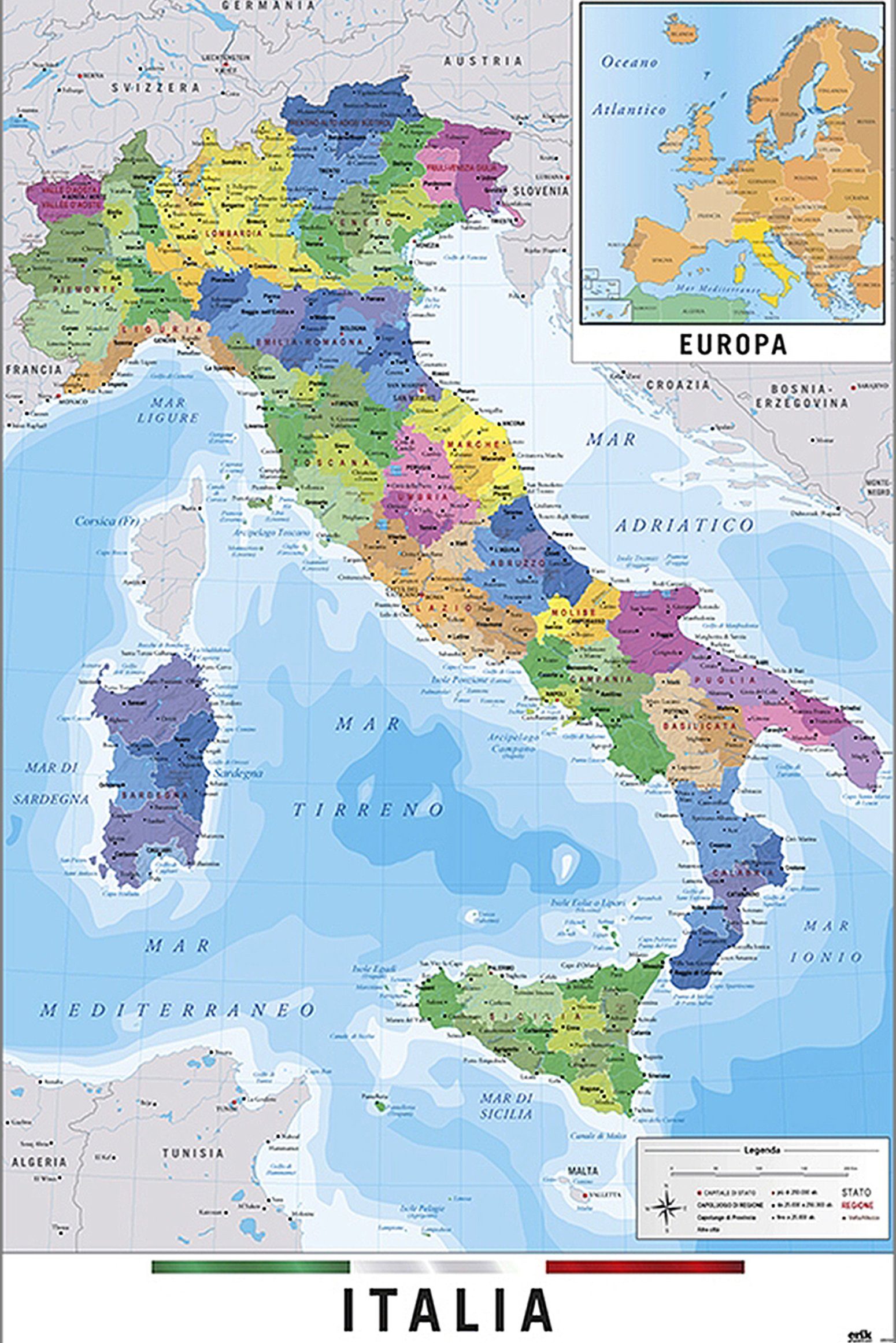 Grupo Erik Poster Mappa Italia Fisico Politico Karte von Italien 61 x 91,5 cm