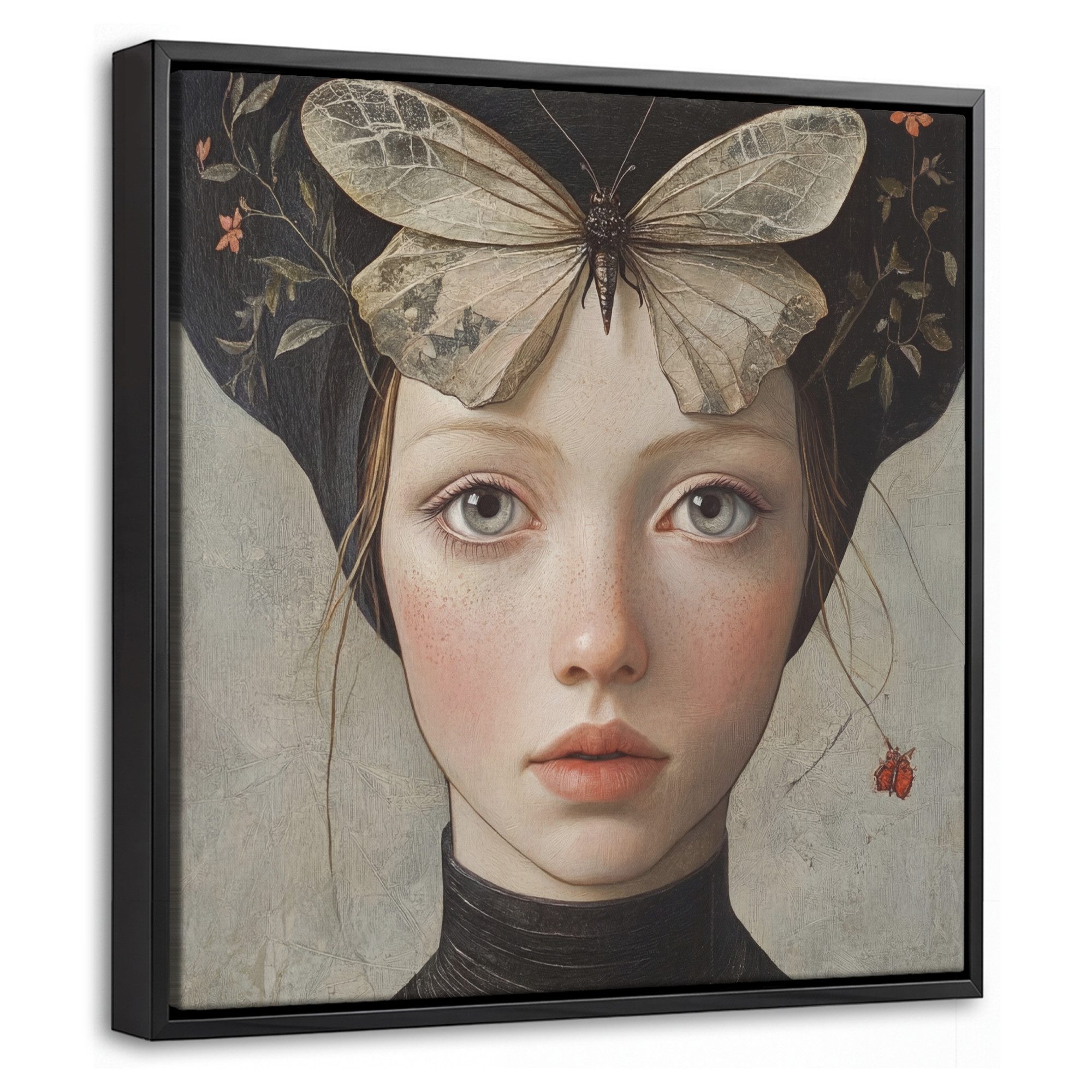 OneMillionCanvasses® Leinwandbild mit Rahmen - Frau - Schmetterling - Kunst - Klassisch - Gedämpft, Fotodruck (1 St), Leinwand Bilder Klein, Wand Dekoration Aesthetic 20x20cm