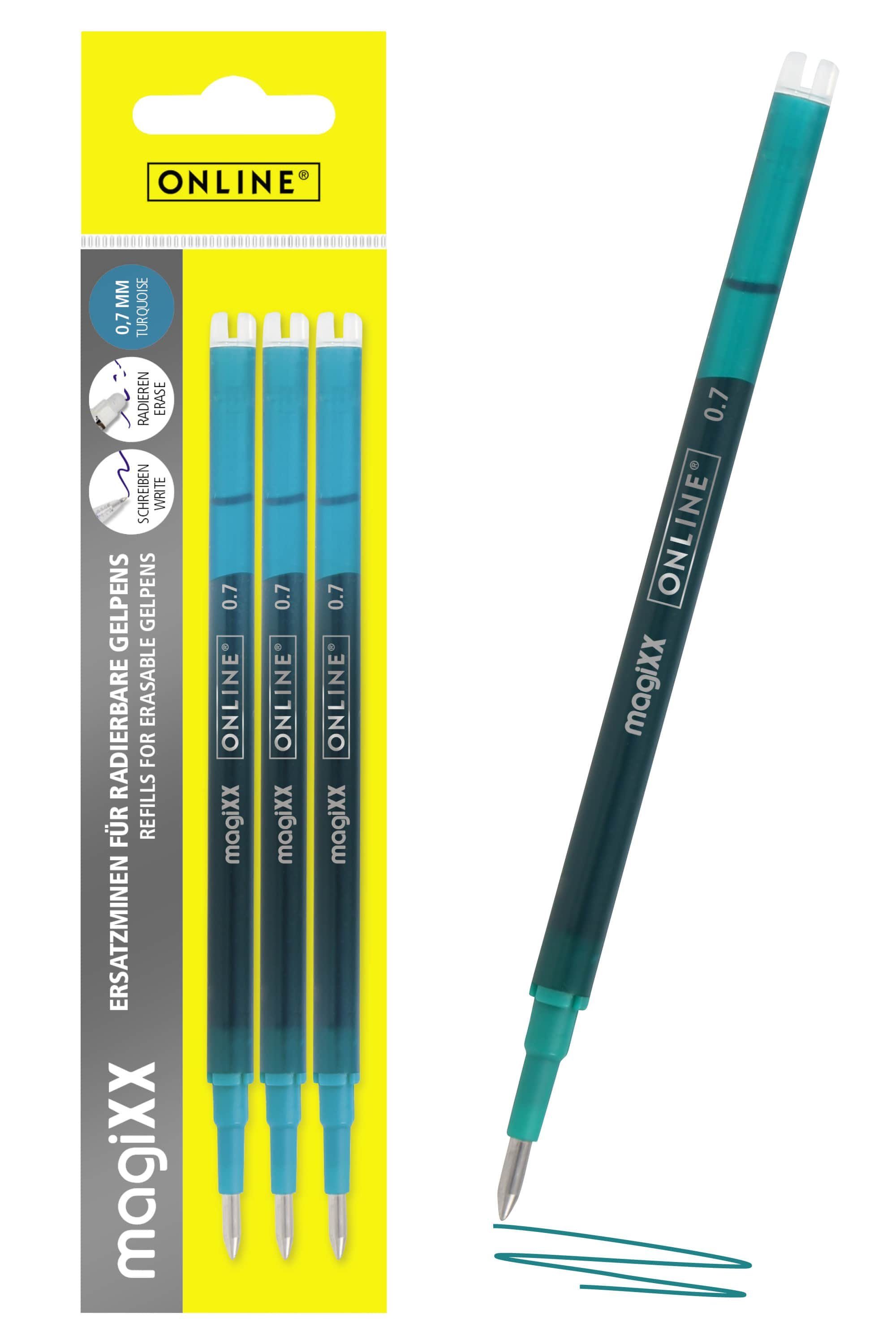 Online Pen Tintenroller magiXX Mine, (3x radierbare Ersatzminen türkis für Gelschreiber), Nachfüll-Minen kompatibel mit Pilot Frixion, magiXX Gelstift