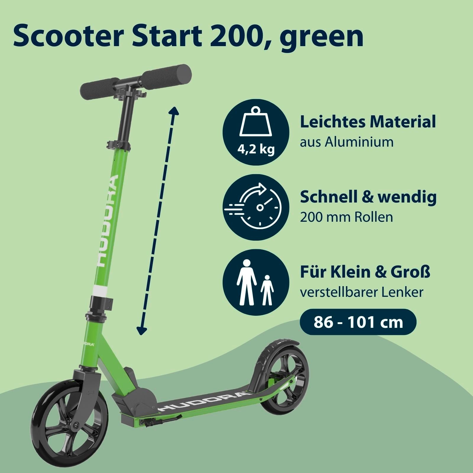 Hudora Cityroller Scooter Start 200 Höhenverstellbarer & zusammenklappbarer Cityroller, Kinder- & Erwachsenenroller für bis zu 100kg mit Ständer