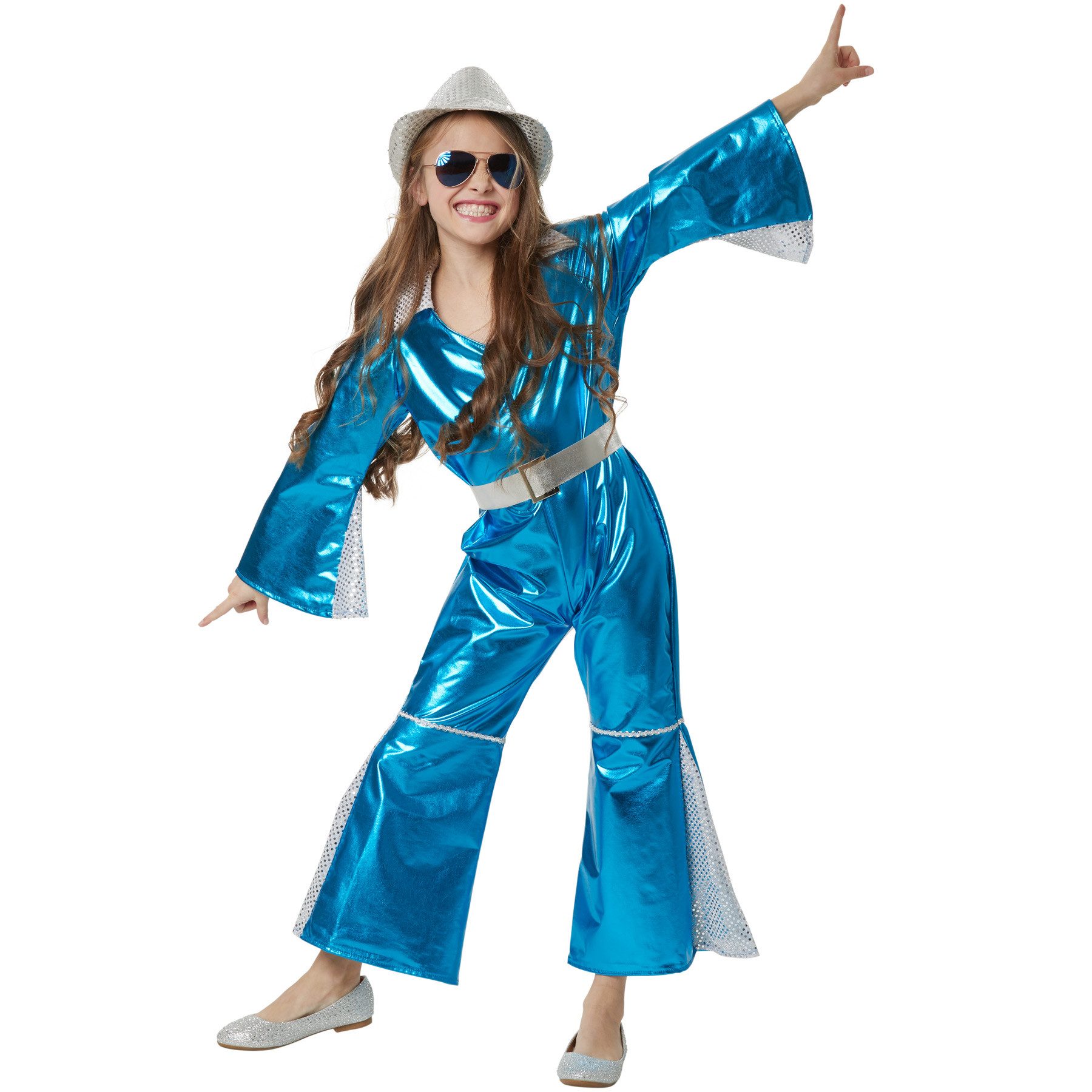 dressforfun Hippie-Kostüm Mädchenkostüm Glitzerndes Disco Starlet, Einteiler aus neonblauem Glanzstoff