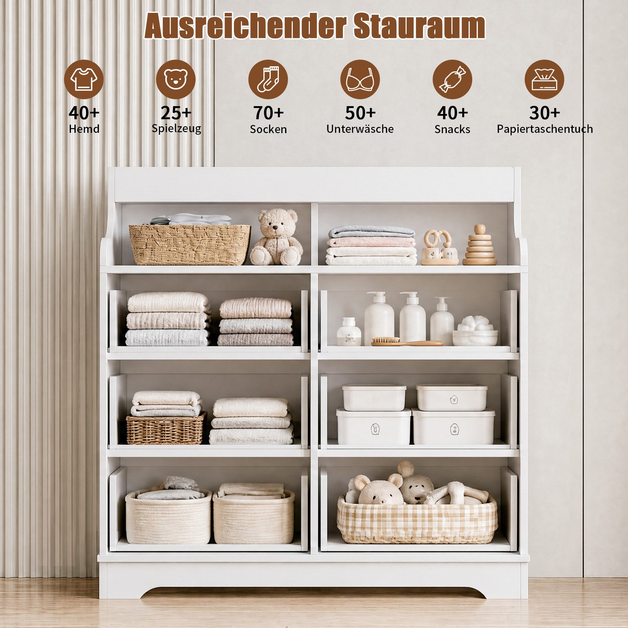 zebery Kommode mit 6 Schubladen Sideboard mit LED Beleuchtung (Schrank aus Holz,2 Steckdosen und USB-Anschlüsse), Schubladen mit Auszugsschienen,mit offenem Stauraum,Weiß