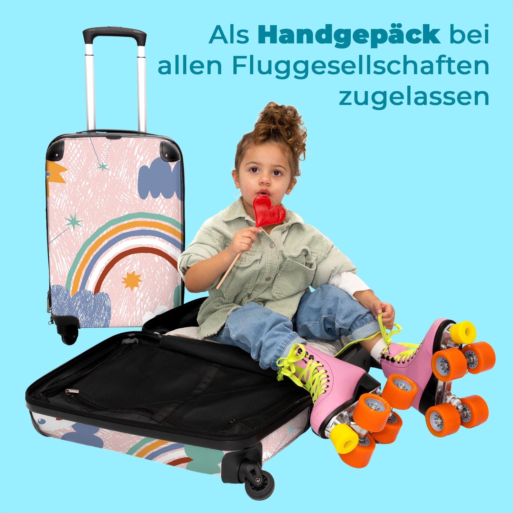 NoBoringSuitcases.com© Kinderkoffer 55x35x20cm Raum - Rollen, rollen, mit für 4 - Mädchen, - - Reisekoffer Zeichnung Mädchen Kindertrolley, Koffer 4 Regenbogen Sterne