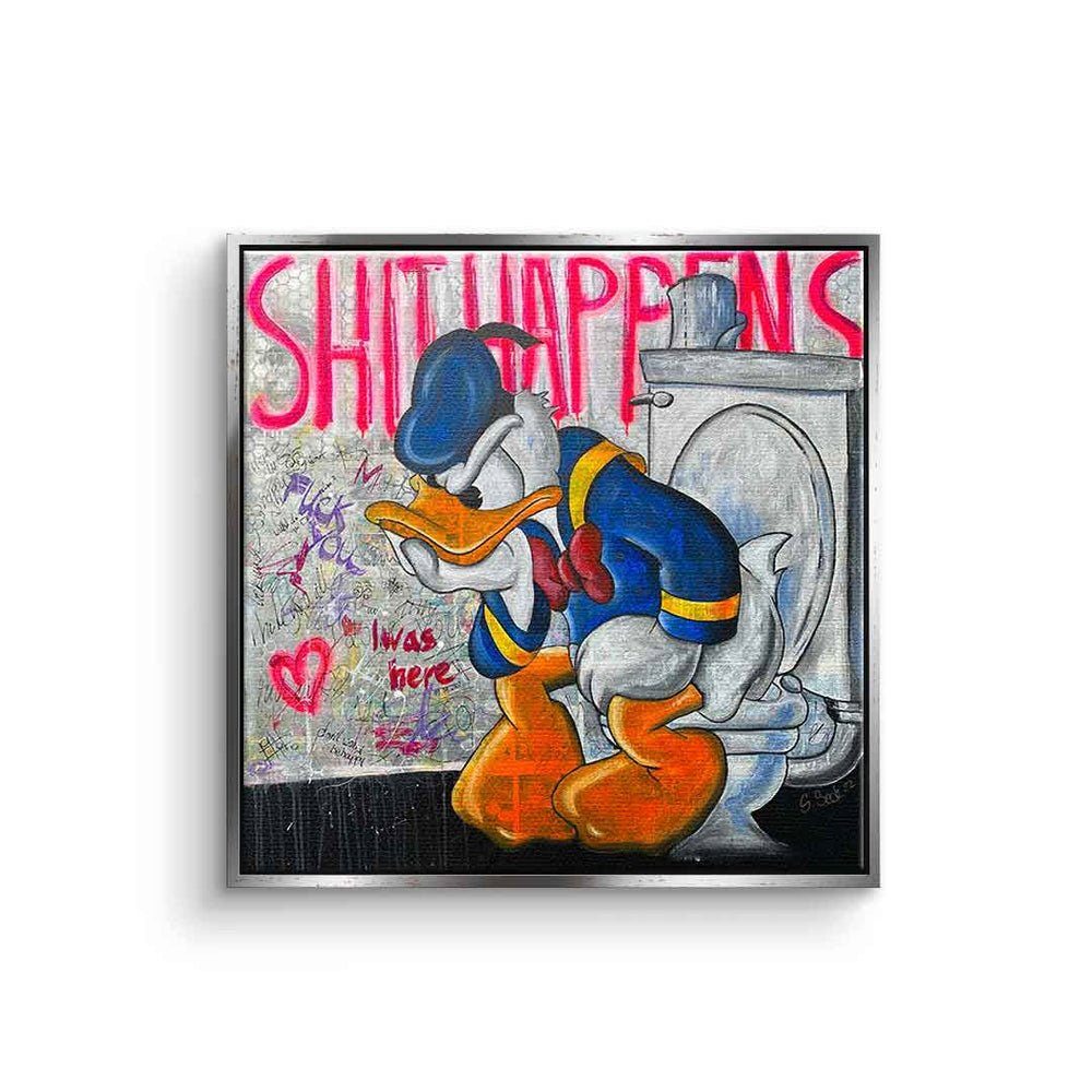 DOTCOMCANVAS® Leinwandbild Shit Happens, Leinwandbild Donald Duck Shit Happens Bad Toilette Pop Art Comic