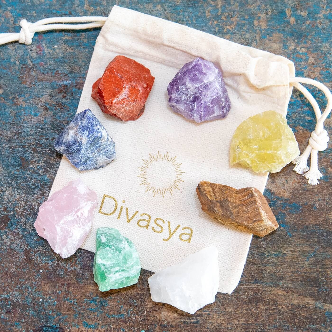 DIVASYA Mineralstein Chakra Steine im Set: Echte Chakra Rohsteine, (Rohstein / naturbelassen), Jasper, Tiger Eye, Citrine, Quartz, Sodalite, Amethyst, Quartz – Bild 3 von 5