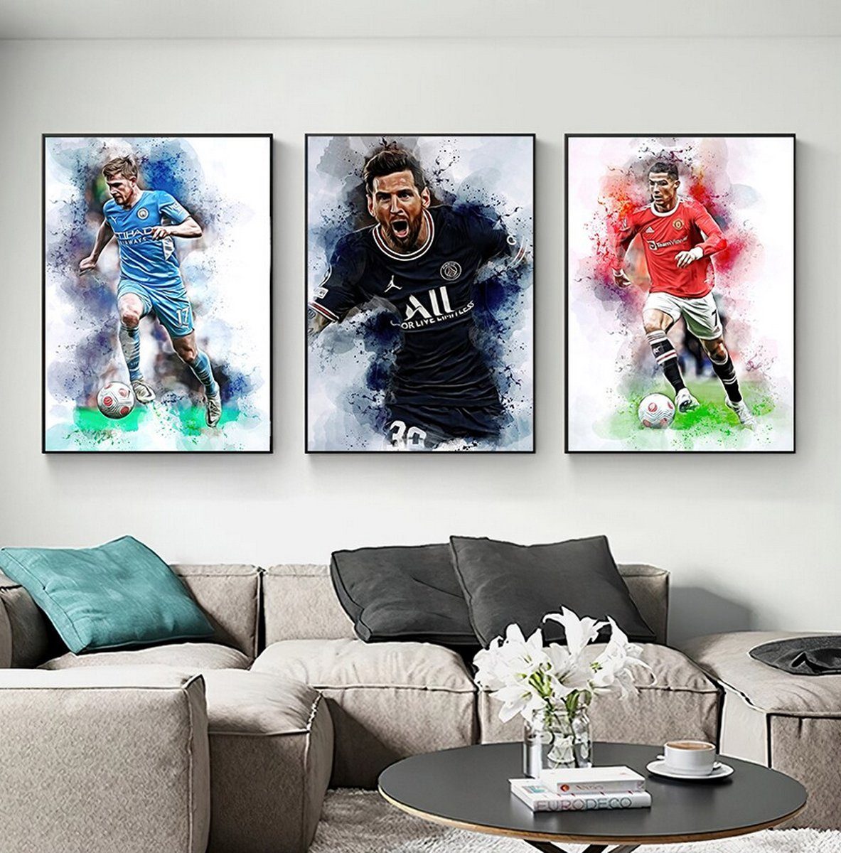 TPFLiving Kunstdruck (OHNE RAHMEN) Poster - Leinwand - Wandbild, Berühmte Fußballspieler - Lionel Messi - Christiano Ronaldo - (Robert Lewandowski - Kylian Mbappé - Neymar), Leinwandbild bunt - Größe 21x30cm