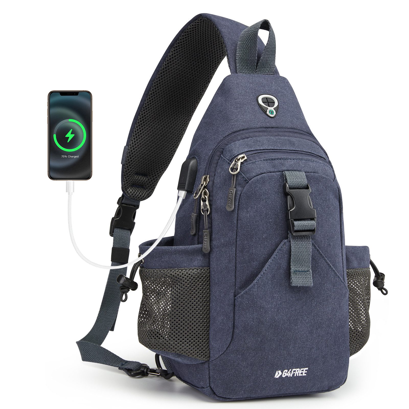 G4Free Trekkingrucksack G4Free Trekkingrucksack Umhängetasche Wanderrucksack Brusttasche, Canvas-Umhängetasche Rucksack mit USB-Ladeanschluss RFID-Blockierung