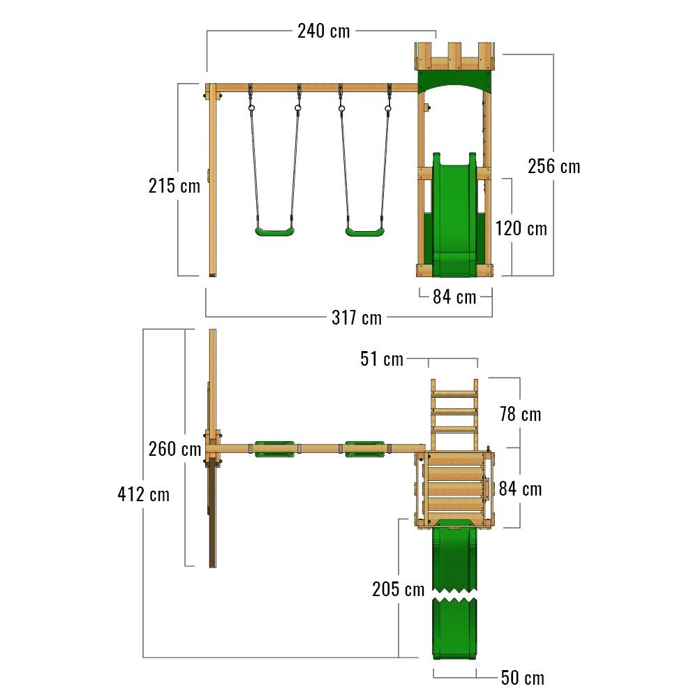 FATMOOSE Klettergerüst TreasureTower mit Schaukel grün Garantie*, & Integrierter 10-jährige Sandkasten Rutsche