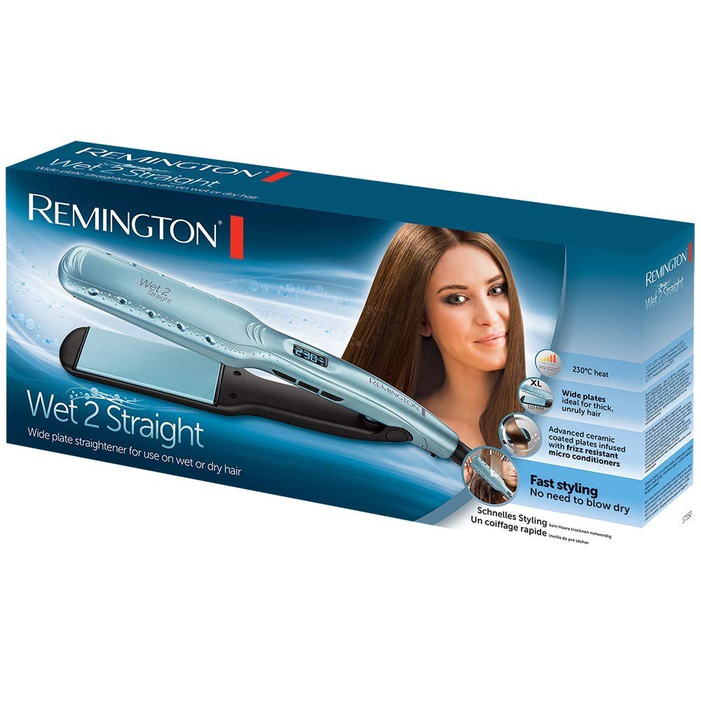 Remington Glätteisen 2-in-1 Haarglätter Wet2Straight Wide Plate S7350 Keramik-Beschichtung, 2-in-1 Styling-Produkt zum Trocknen und Glätten der Haare blau