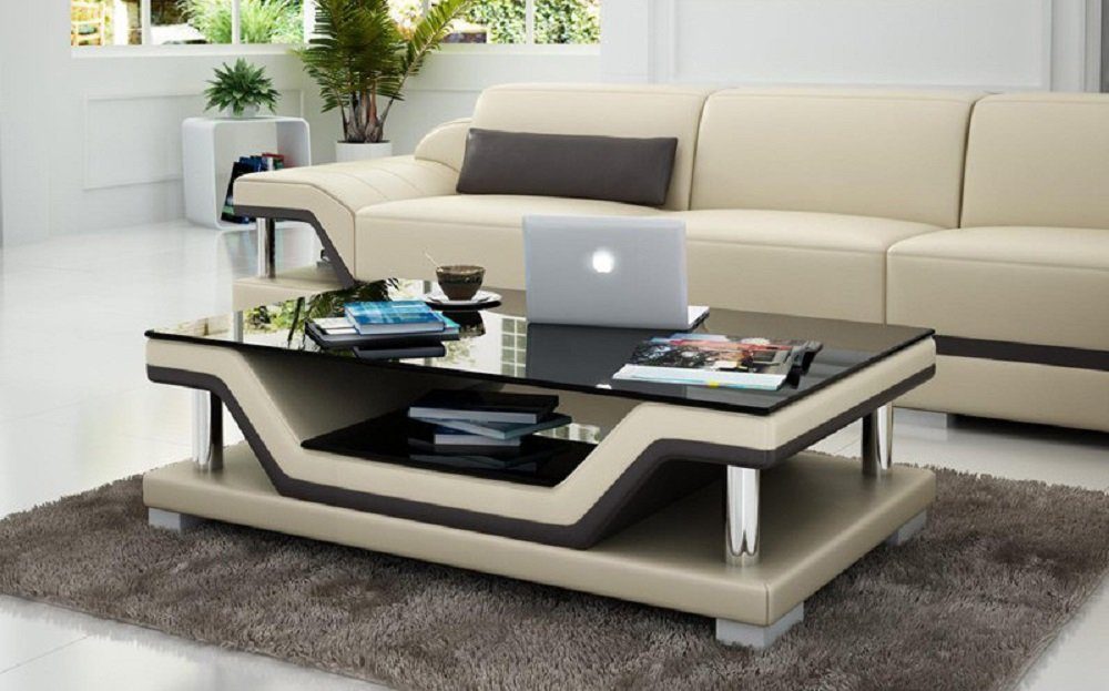 JVmoebel Couchtisch Glastisch Tische Couchtisch Leder Design Tisch Sofa Beistell Couch Beige/Braun