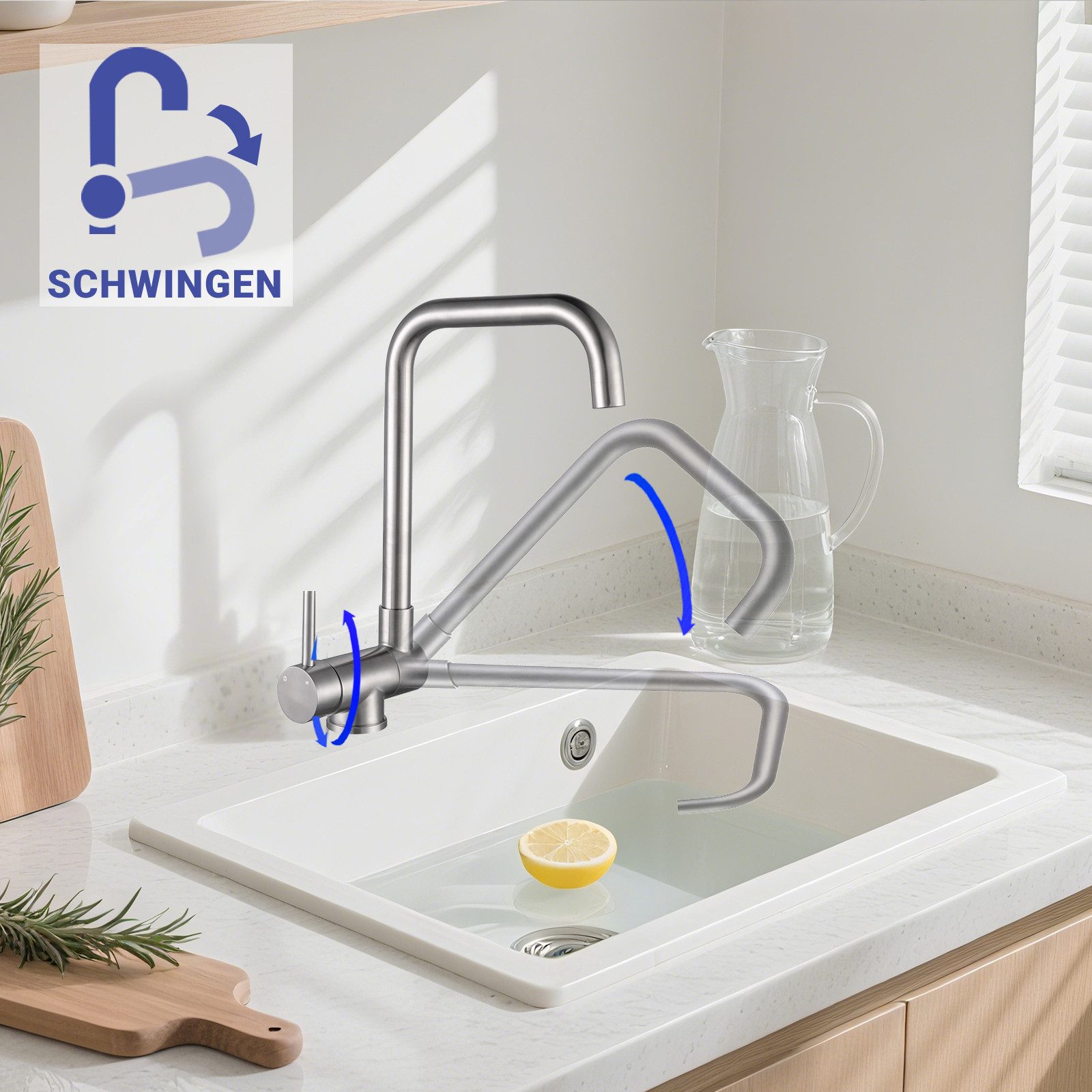 AICA Küchenarmatur Wasserhahn Küche, L-Form Einhebelmischer aus Edelstahl Speziell für innen öffnende Fenster: 90° klappbar & 360°drehbar