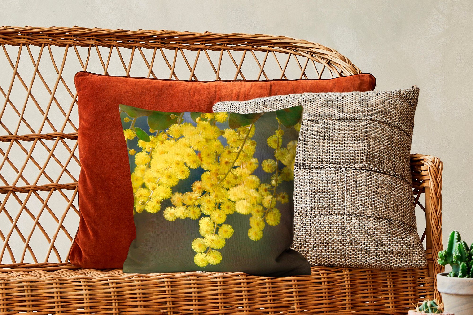 MuchoWow Dekokissen Mimosenpflanze Füllung gelben Zierkissen für Sofakissen mit Blättern, Deko, mit Wohzimmer, Schlafzimmer