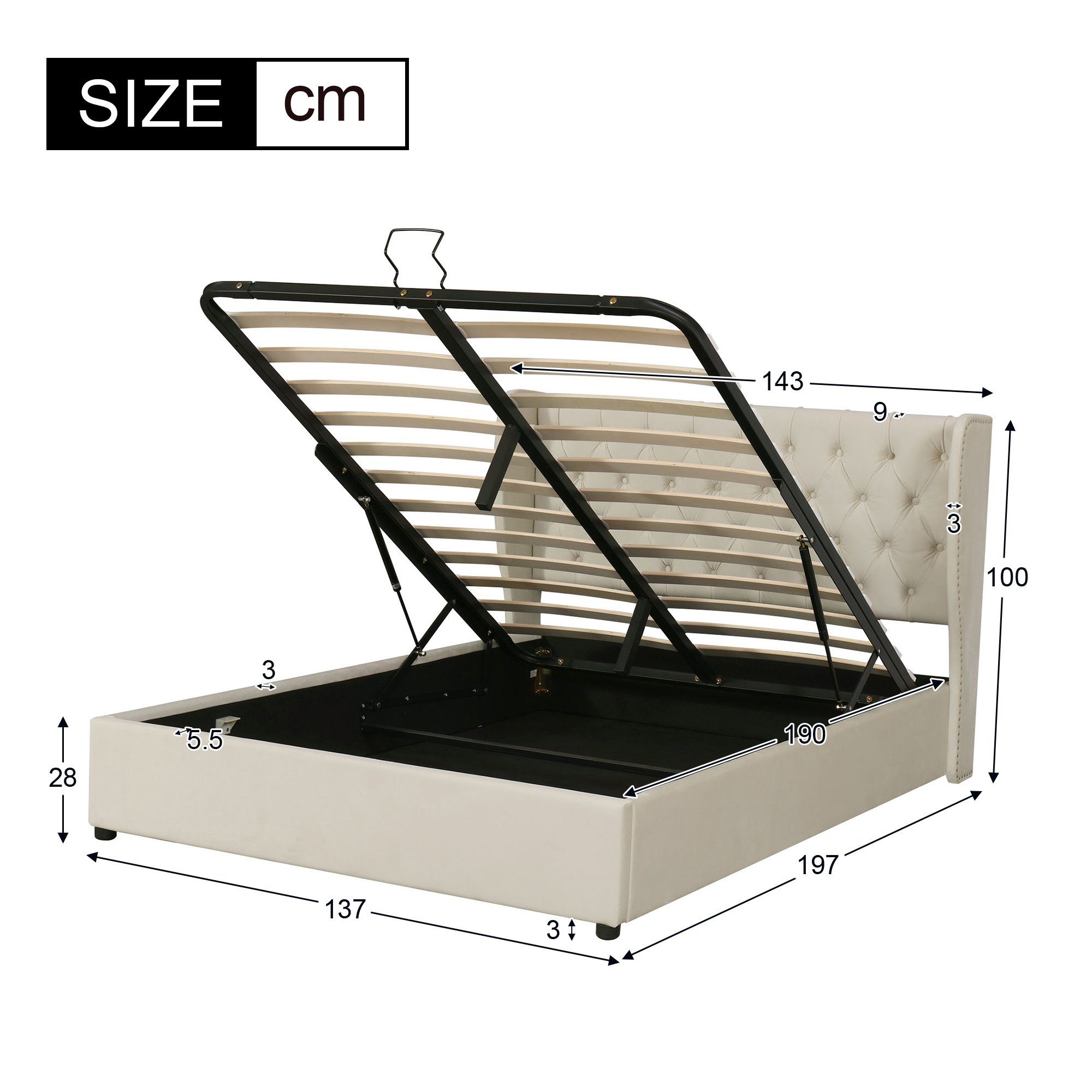 Boxspringbett (Doppelbett Funktionsbett mit Bettkasten und Lattenrost), Polsterbett 140x200 cm Hydraulisches Bett, Samt, Gepolstertes Kopfteil