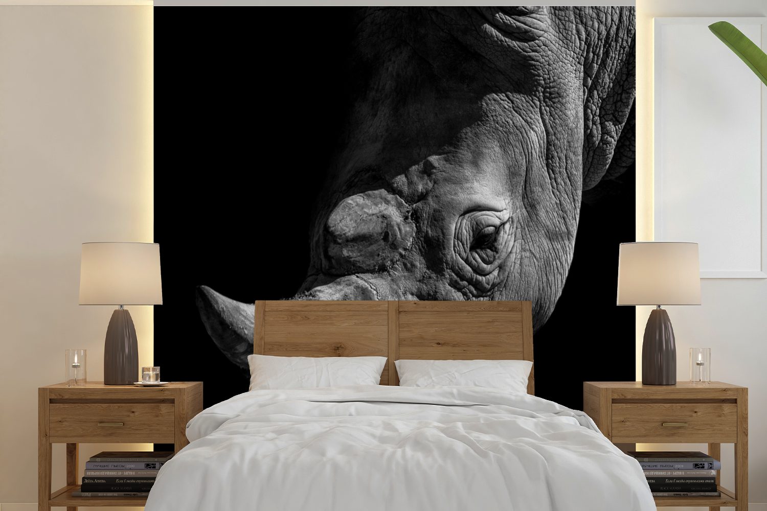 MuchoWow Fototapete Rhinozeros - Tier - Schwarz - Weiß, Matt, bedruckt, (5 St), Vinyl Tapete für Wohnzimmer oder Schlafzimmer, Wandtapete