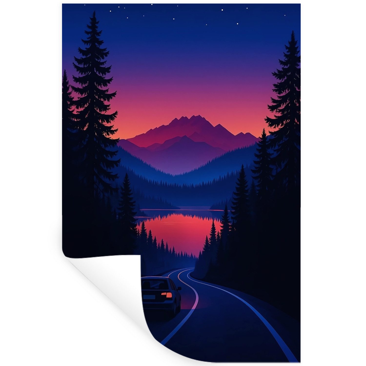 MuchoWow Wandsticker Auto - Dunkle Kiefern - Sonnenuntergang (1 St), Wandaufkleber, Selbstklebend, Wohnzimmer, 20x30 cm
