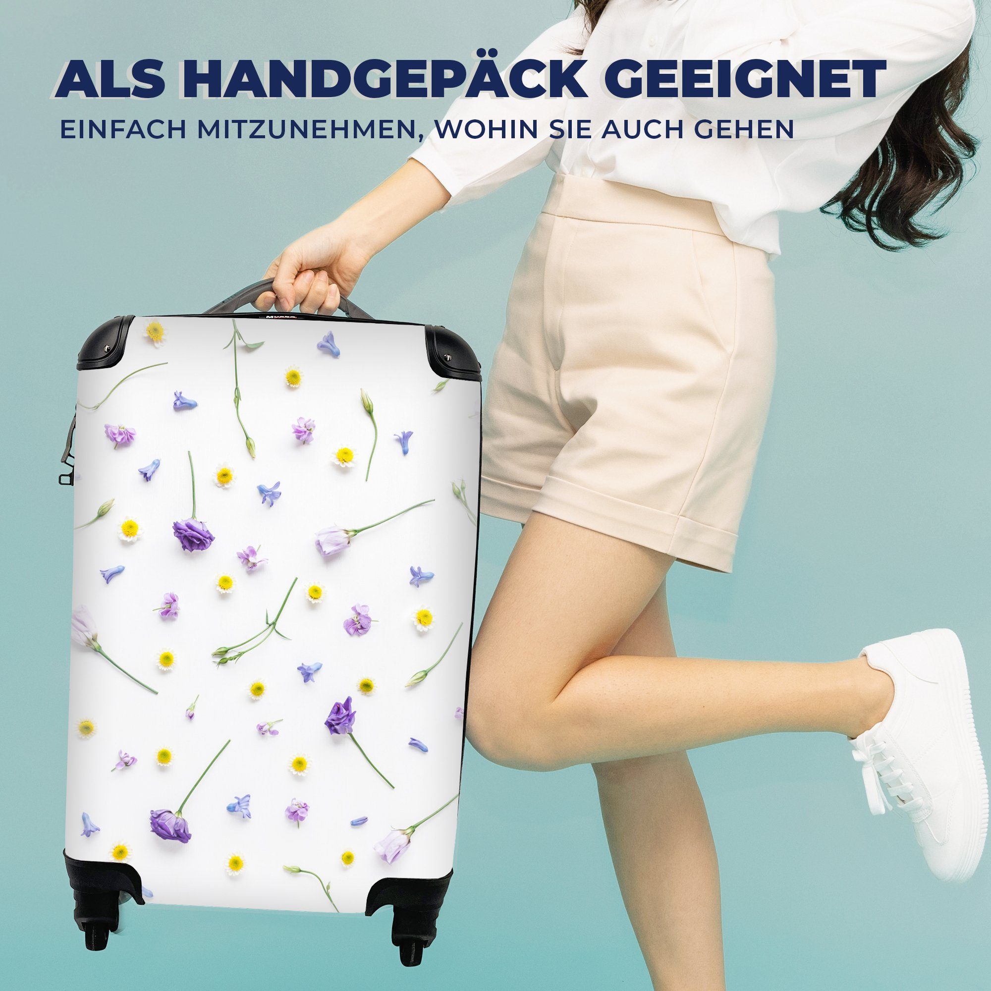 Rollen, Reisetasche Reisekoffer MuchoWow - Lila Gelb, Blumen Handgepäck Handgepäckkoffer Ferien, 4 mit Trolley, rollen, - für